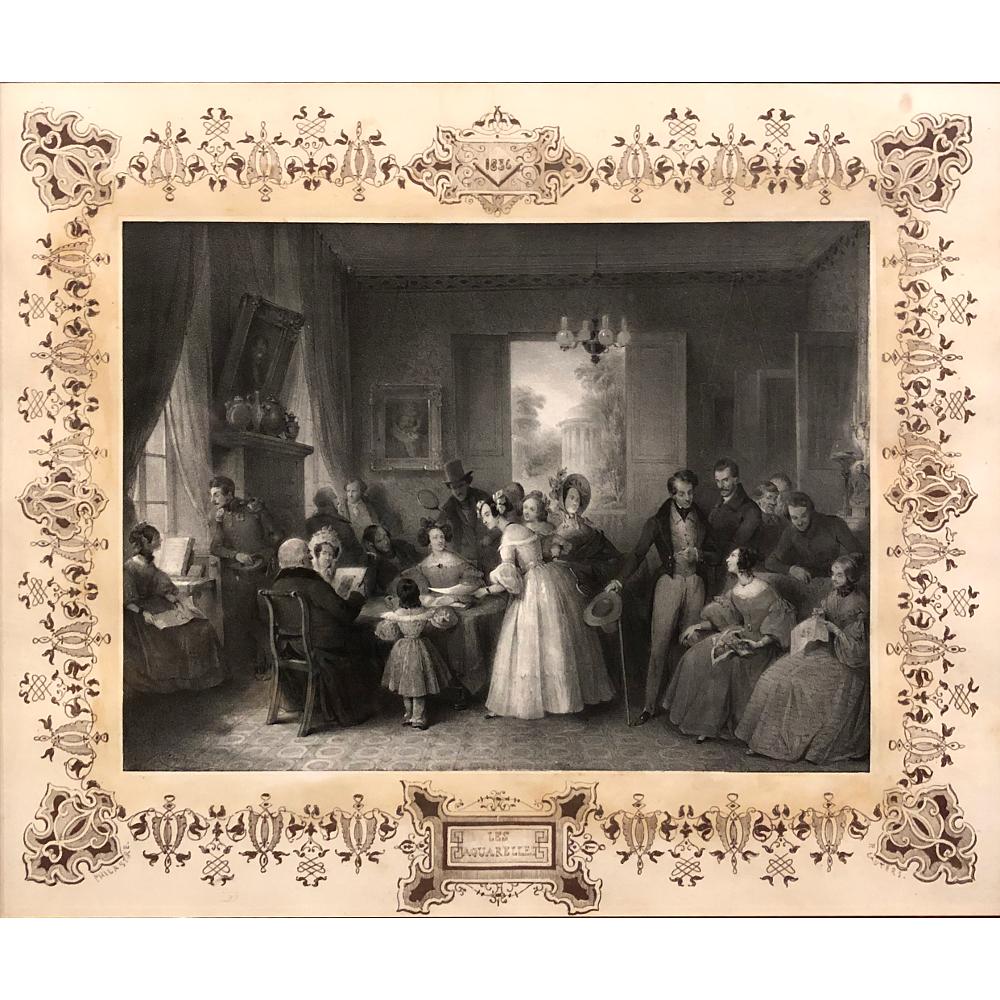 Early 19th century framed lithograph by Jean Baptiste Madou (1796-1877) is a remarkable work entitled
Les Aquarelles depicting a gathering of the well-heeled of early 19th century France. The purpose of the event was to view watercolor paintings,