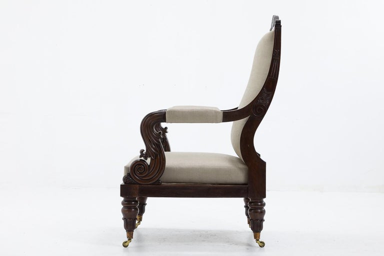 Exceptional quality, French early 19th century mahogany armchair of grand proportion.