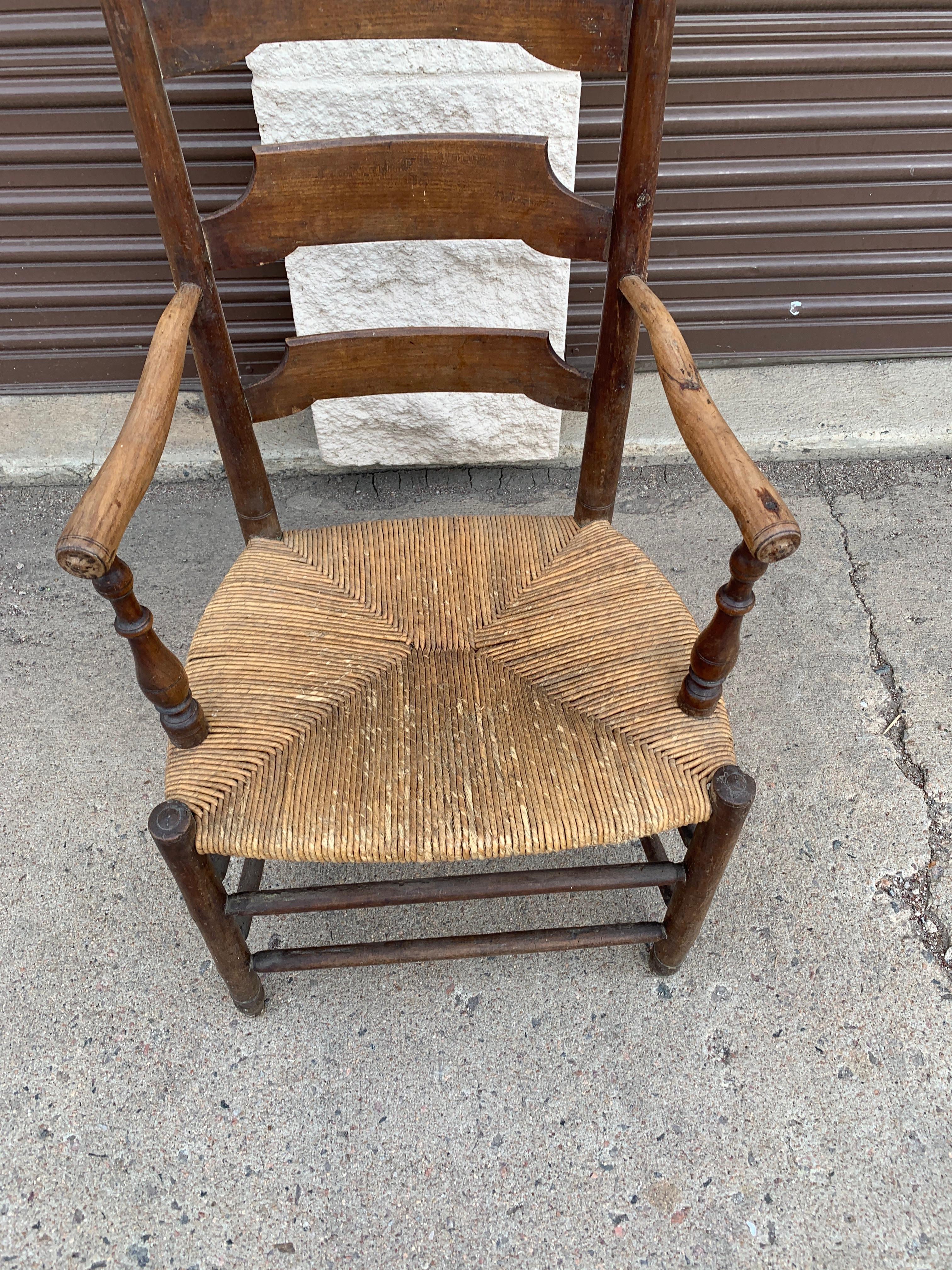 Turned Early 19th Century French Ash Wood Rush Seat Armchair