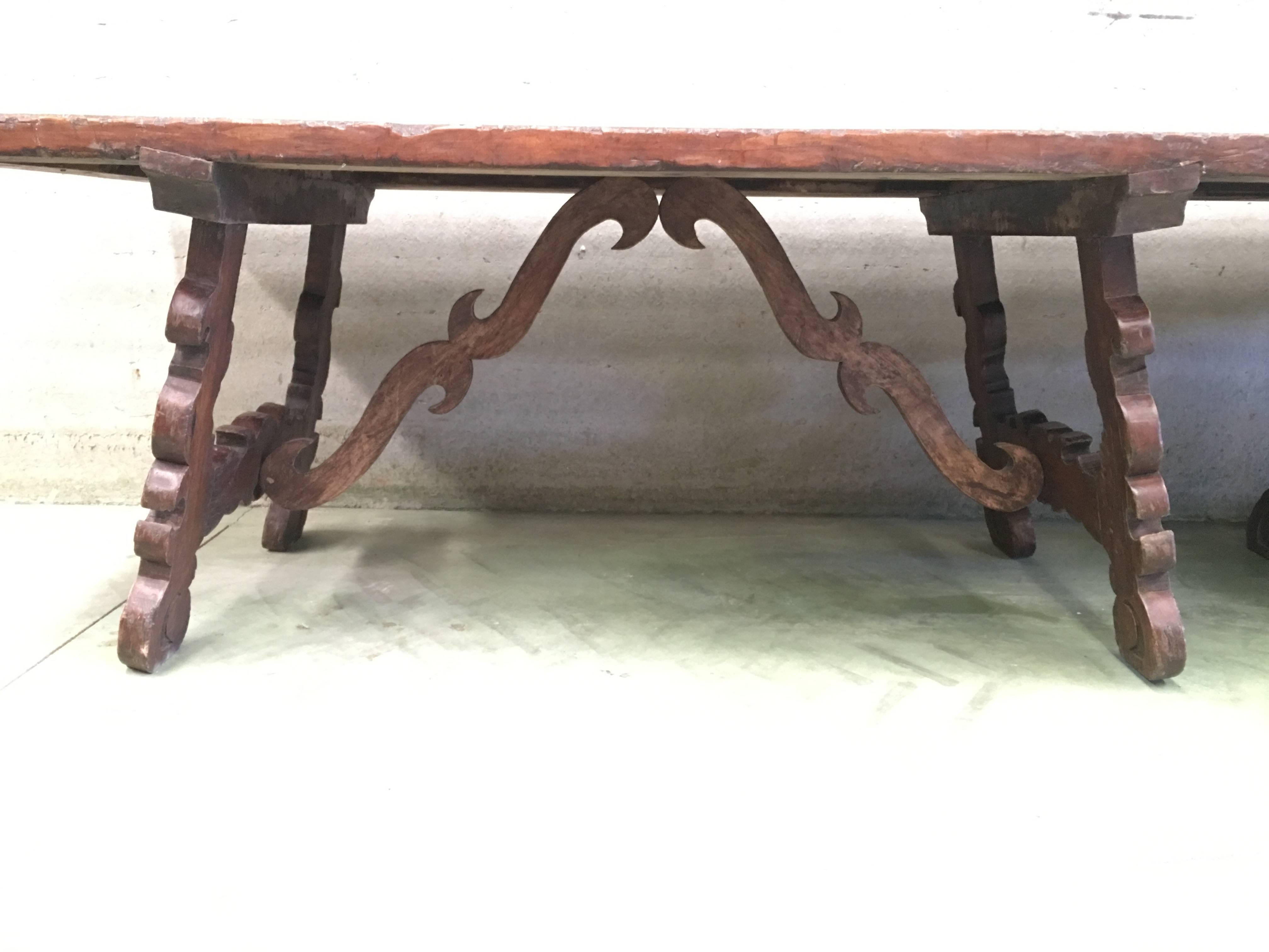 Early 19th Century French Baroque Style Walnut Trestle Dining Farm Table 163´ 7