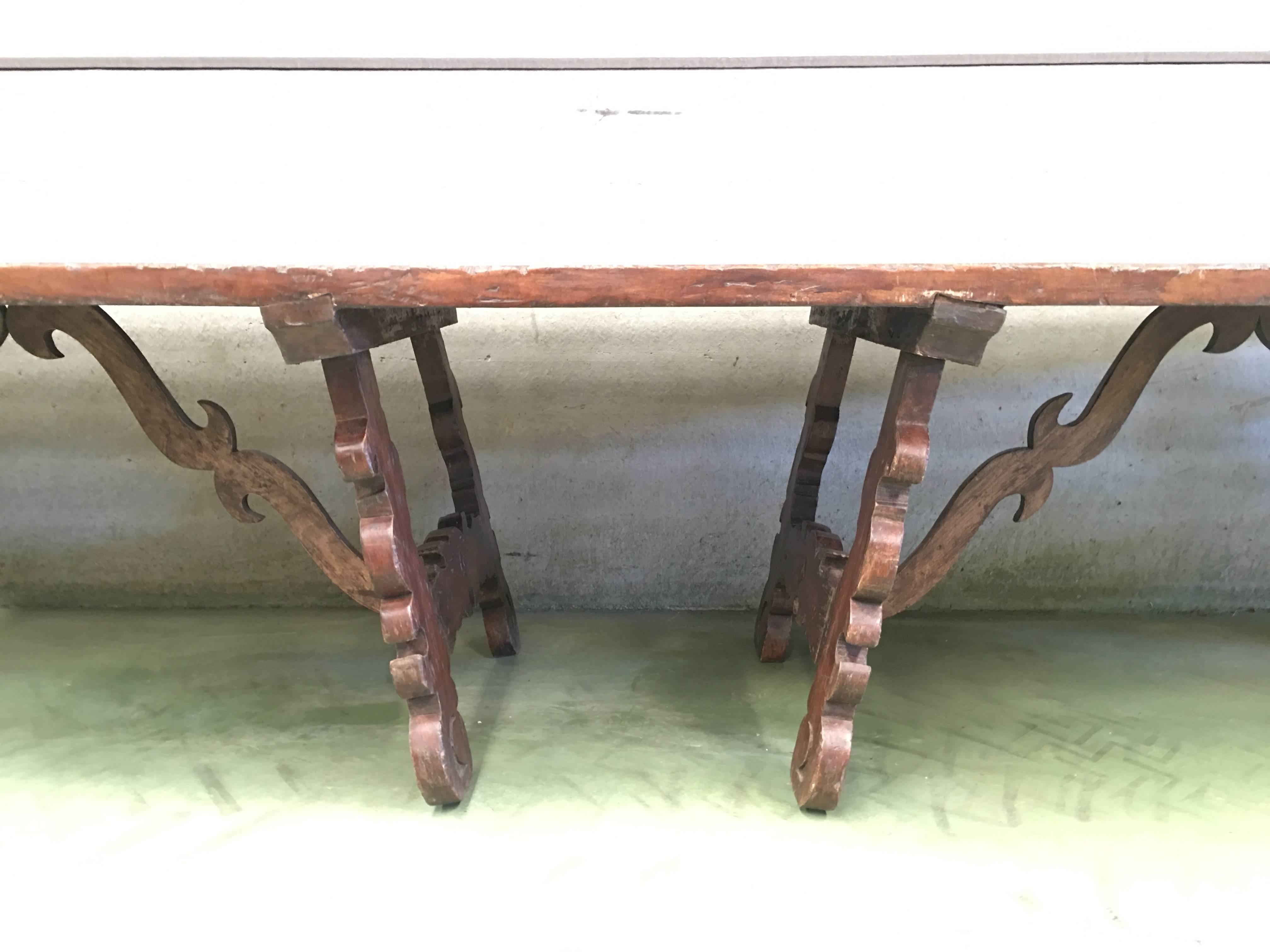Early 19th Century French Baroque Style Walnut Trestle Dining Farm Table 163´ 10