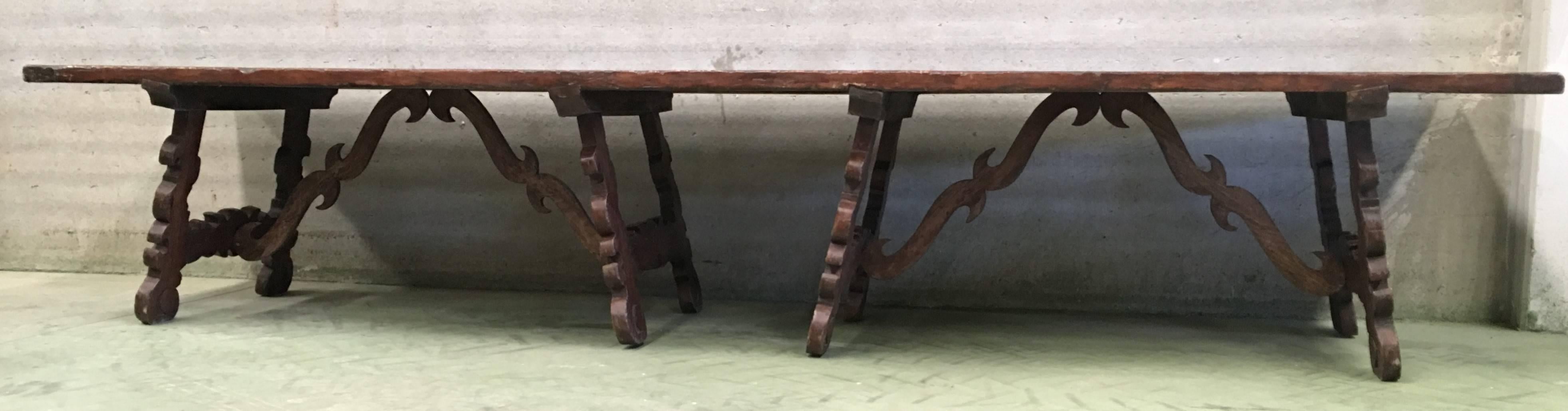 Early 19th Century French Baroque Style Walnut Trestle Dining Farm Table 163´ 3