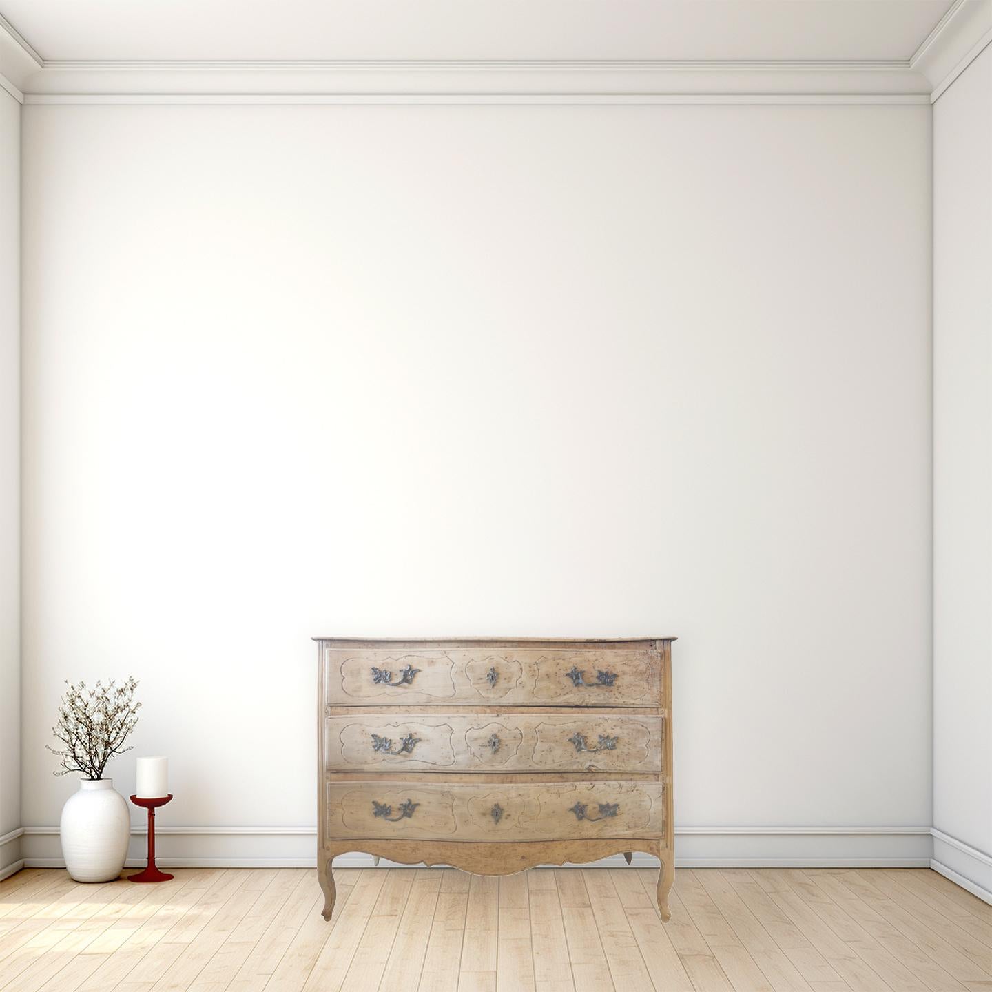 Anonymous
France; ca. 1800
Fruitwood; brass

Approximate size: 39 (h) x 50.25 (w) x 22.5 (d) in.

A handsome serpentine fruitwood chest of French design. Its original finish has been bleached to produce a highly interesting visual texture and