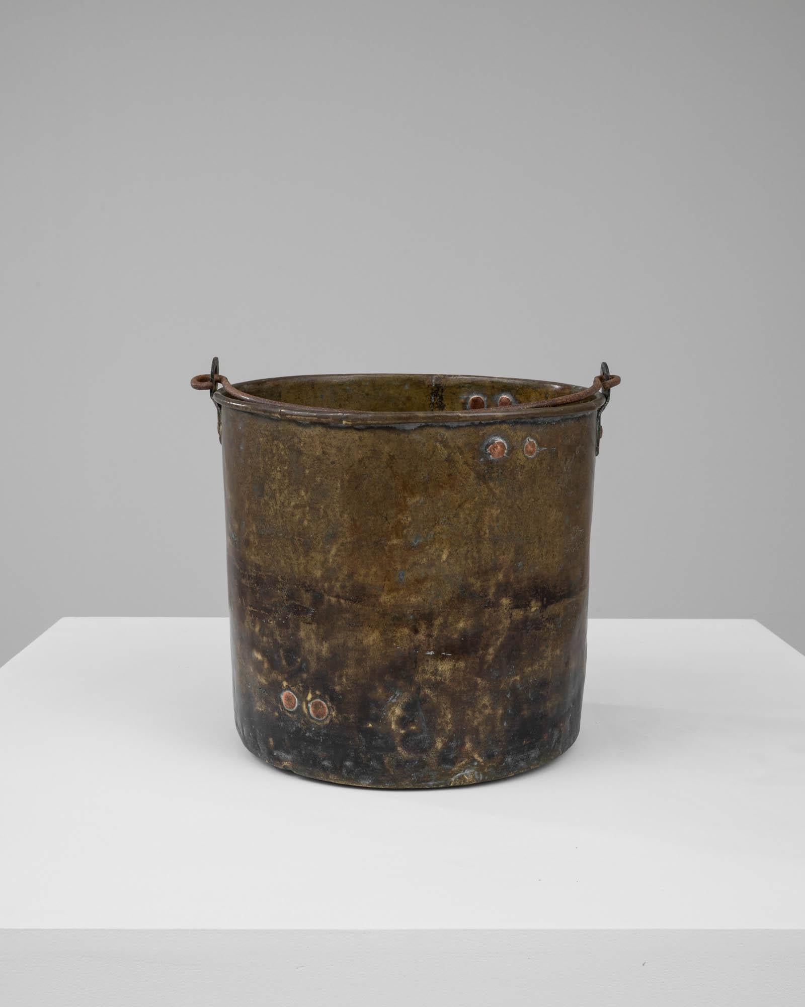 This Early 19th Century French Brass Bucket showcases the allure of vintage craftsmanship with its robust form and the graceful aging of its materials. The bucket's sturdy construction is highlighted by the dark, oxidized iron handle that swings