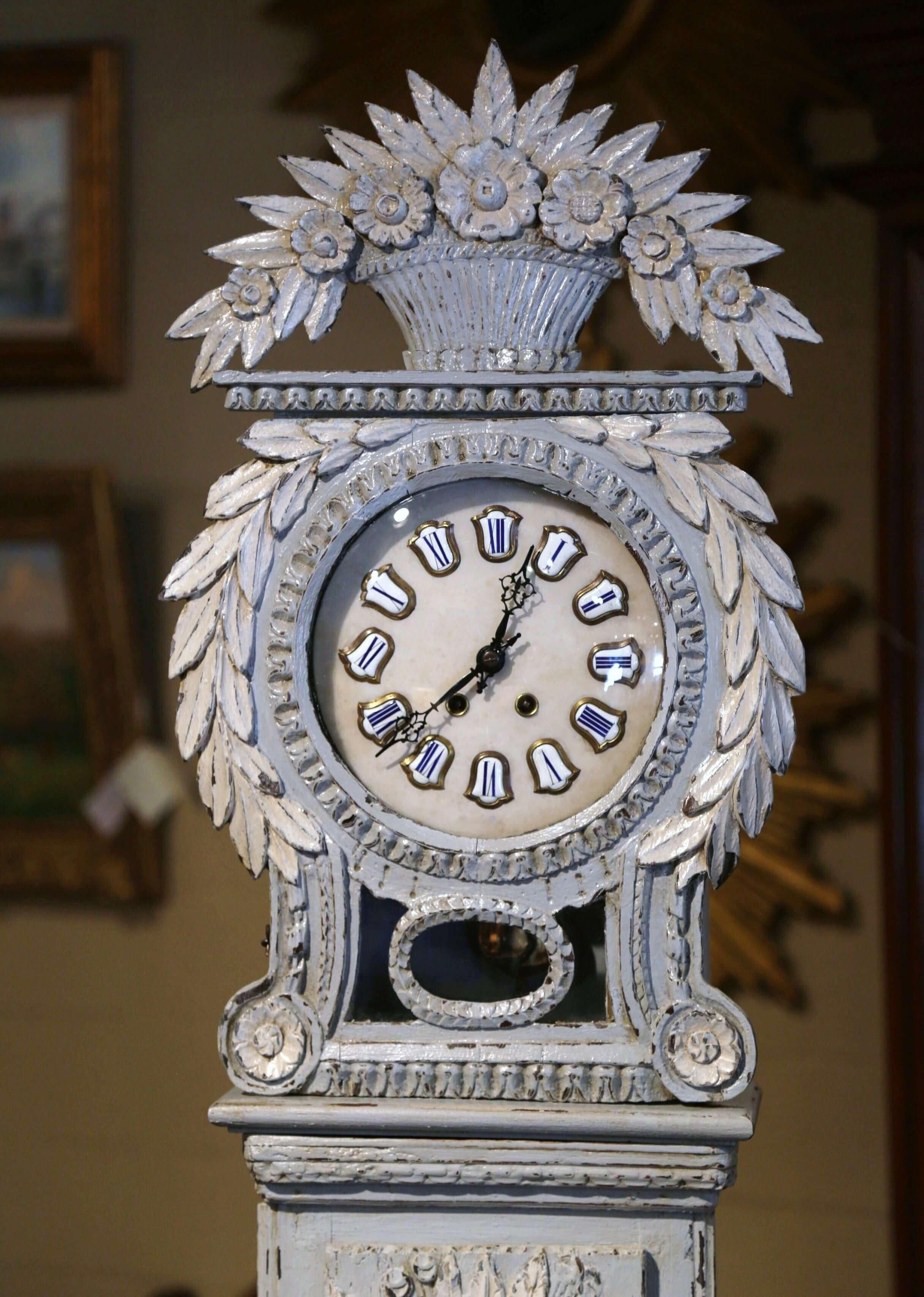 Louis XV Early 19th Century French Carved Oak Painted Grandfather Clock from Normandy For Sale