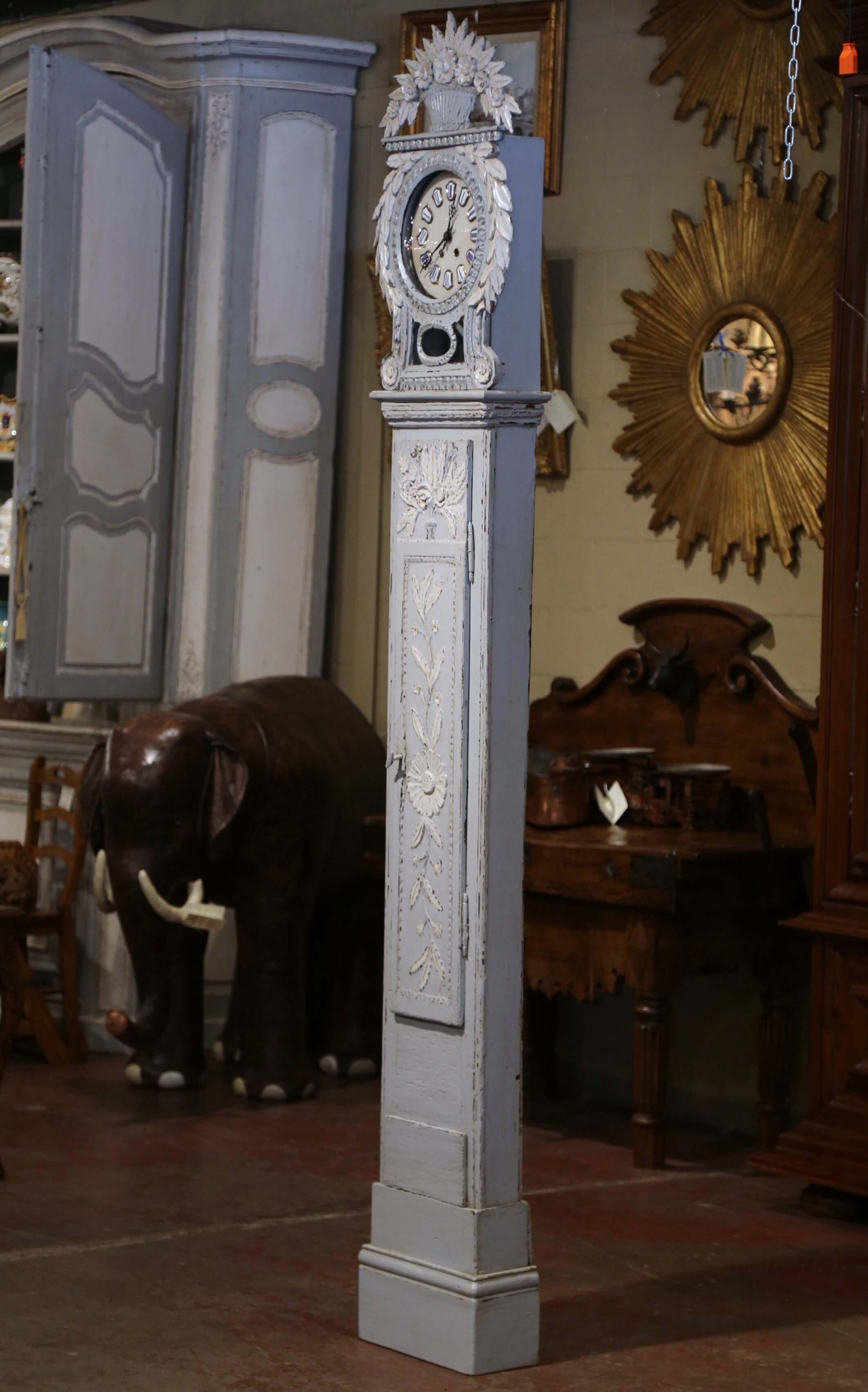 Hand-Carved Early 19th Century French Carved Oak Painted Grandfather Clock from Normandy For Sale