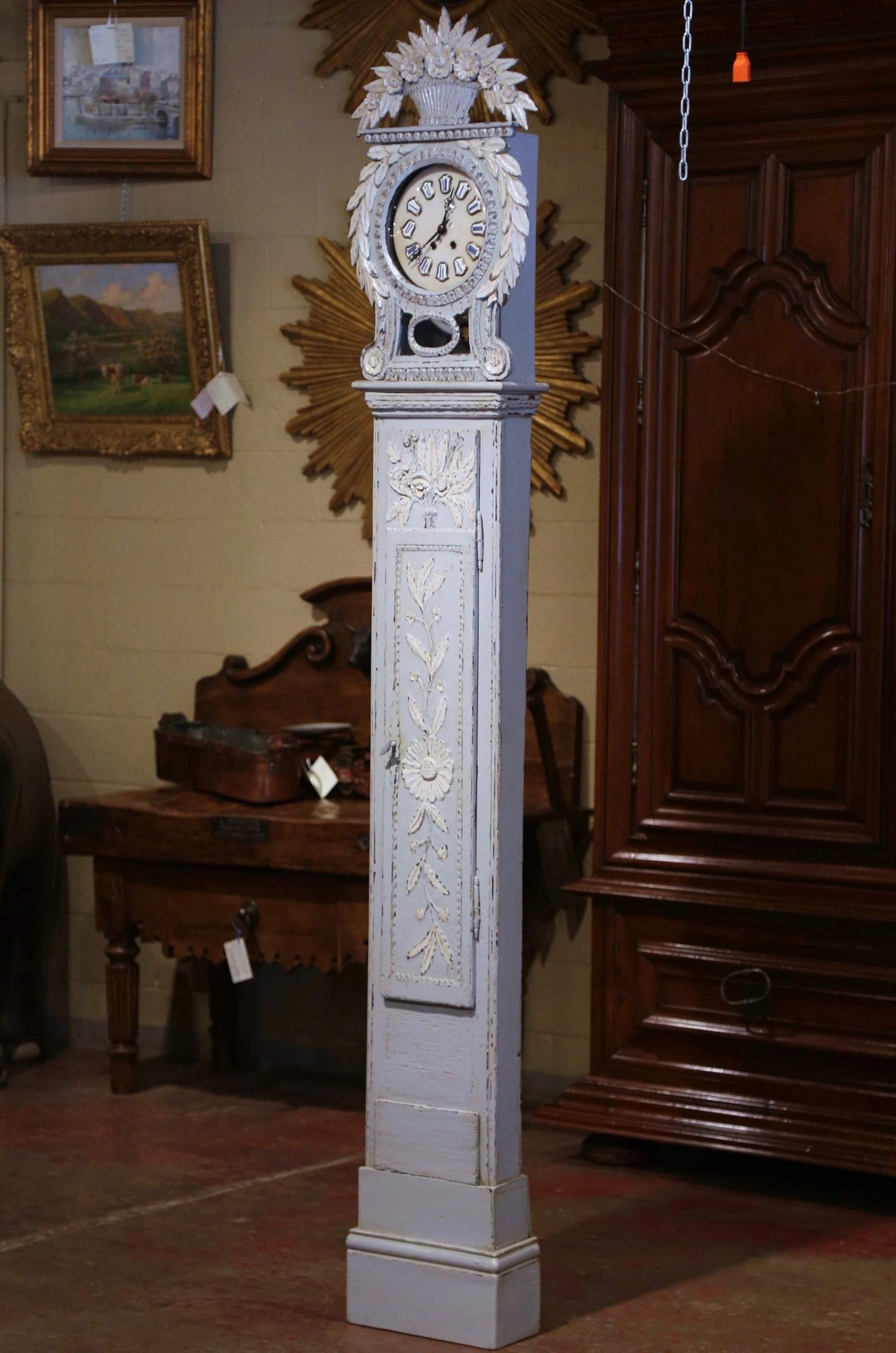 Early 19th Century French Carved Oak Painted Grandfather Clock from Normandy For Sale 1