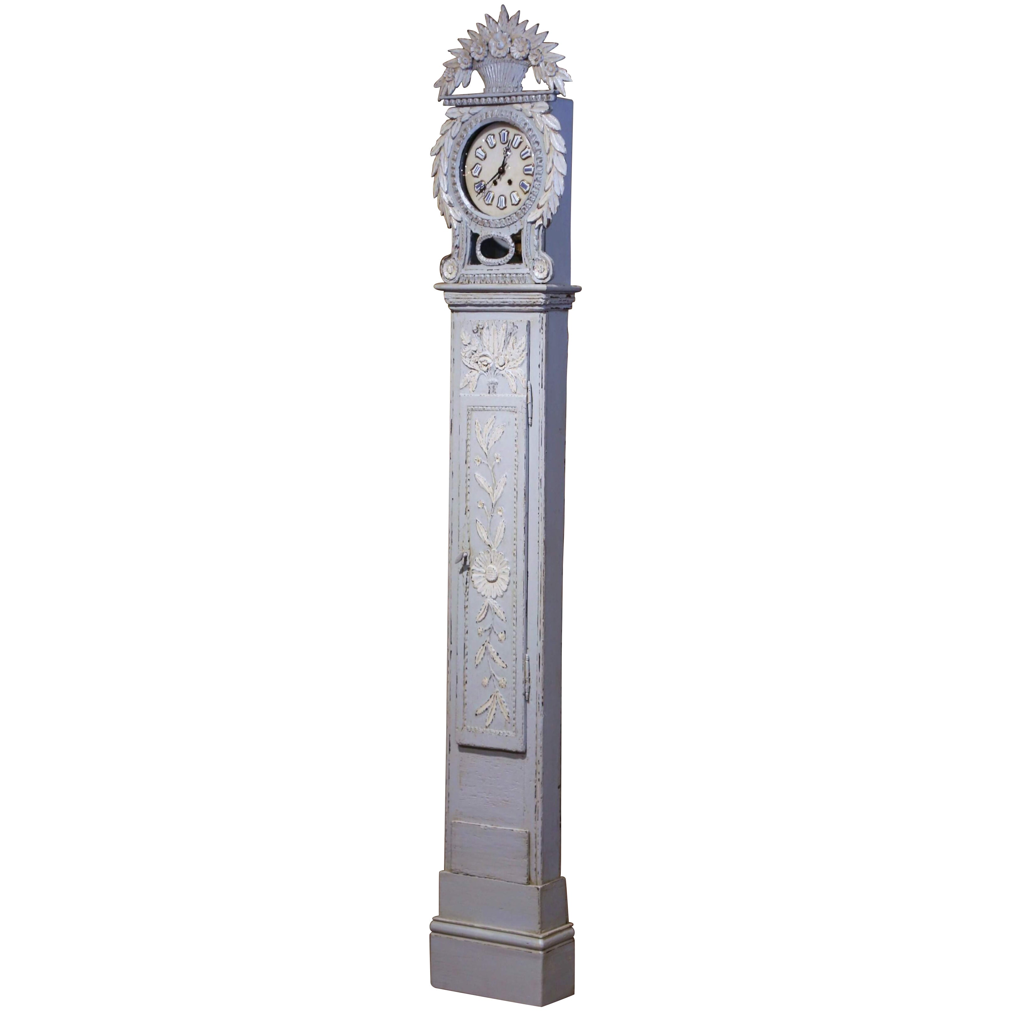 Early 19th Century French Carved Oak Painted Grandfather Clock from Normandy