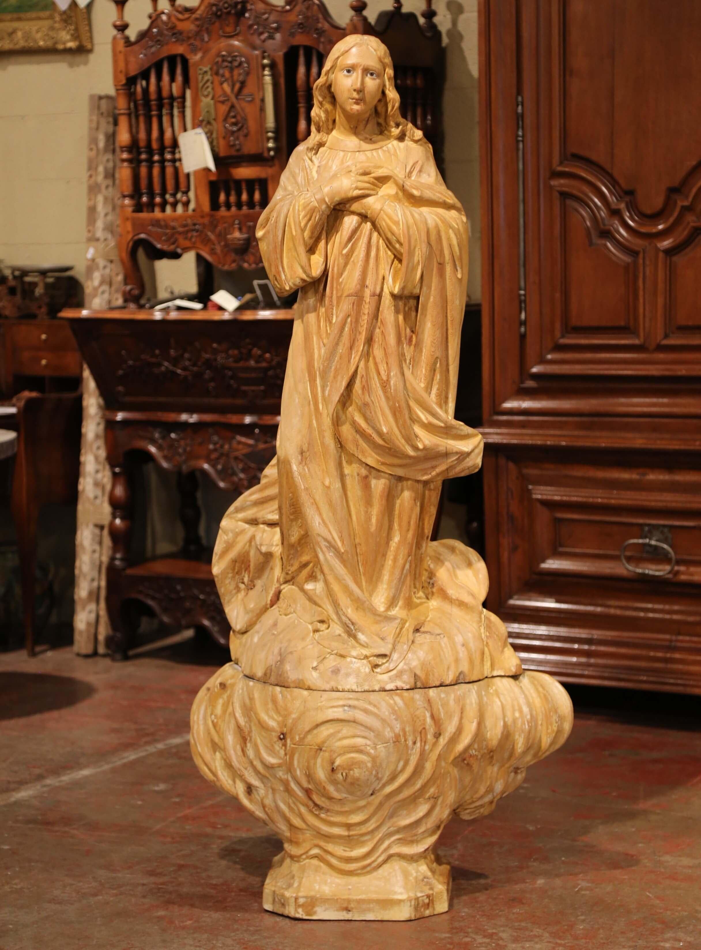  19th Century French Two-Piece Carved Pine Sculpture on Base with Glass Eyes In Excellent Condition For Sale In Dallas, TX