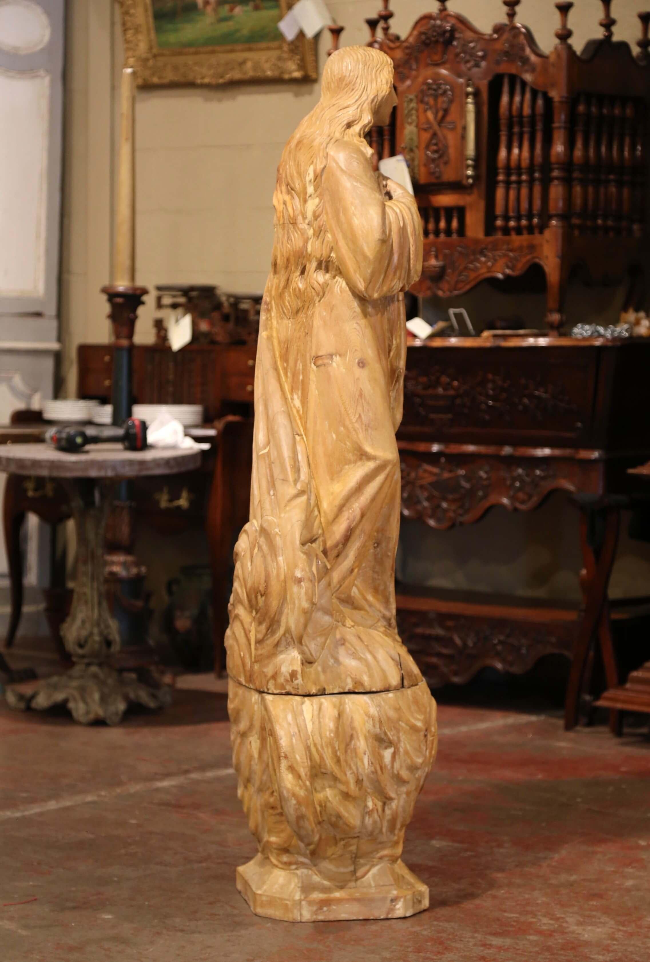  19th Century French Two-Piece Carved Pine Sculpture on Base with Glass Eyes For Sale 4