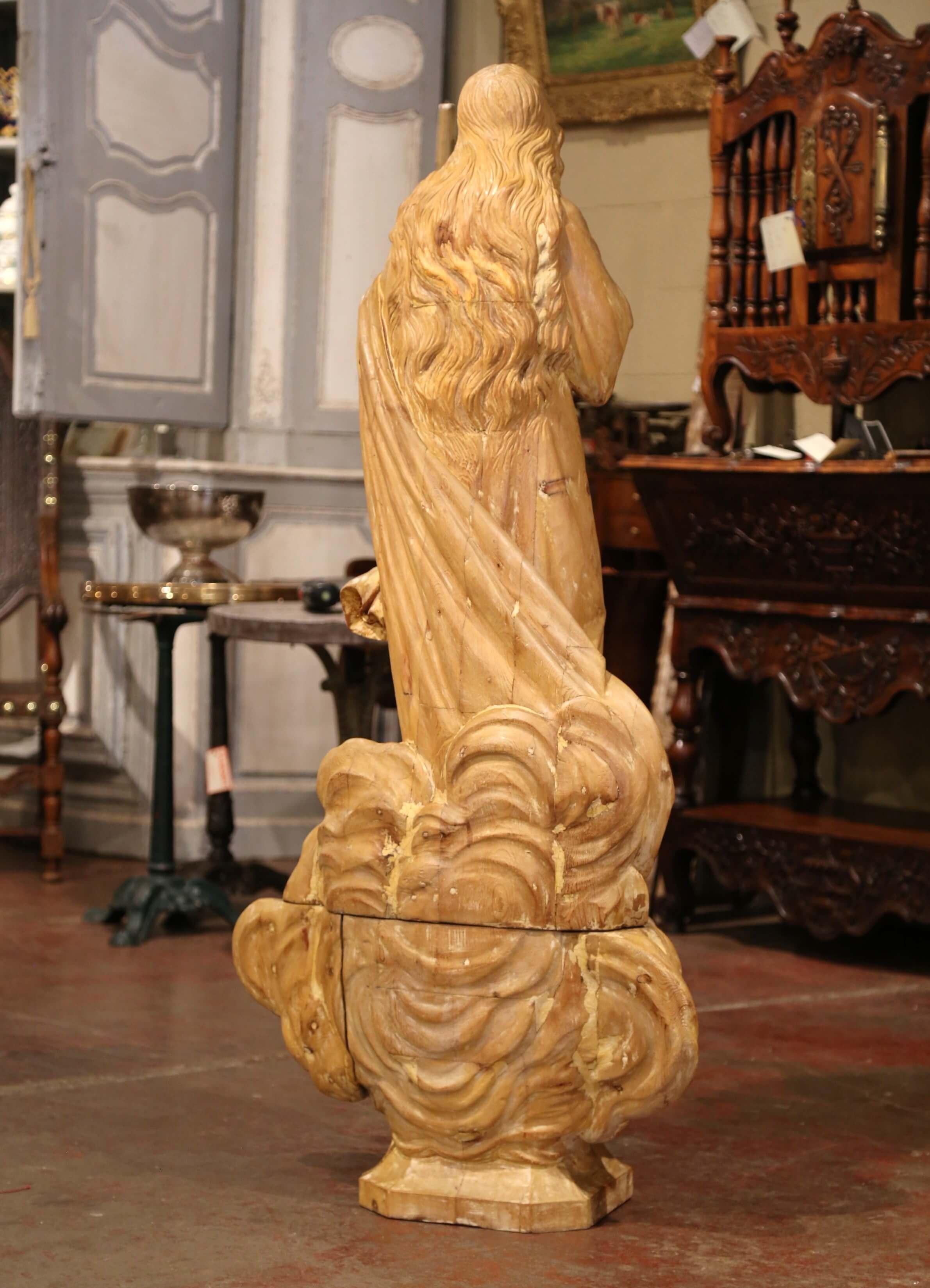 19th Century French Two-Piece Carved Pine Sculpture on Base with Glass Eyes For Sale 5