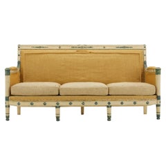 Early 19th Century French Carved Wood Painted Sofa in Burlap