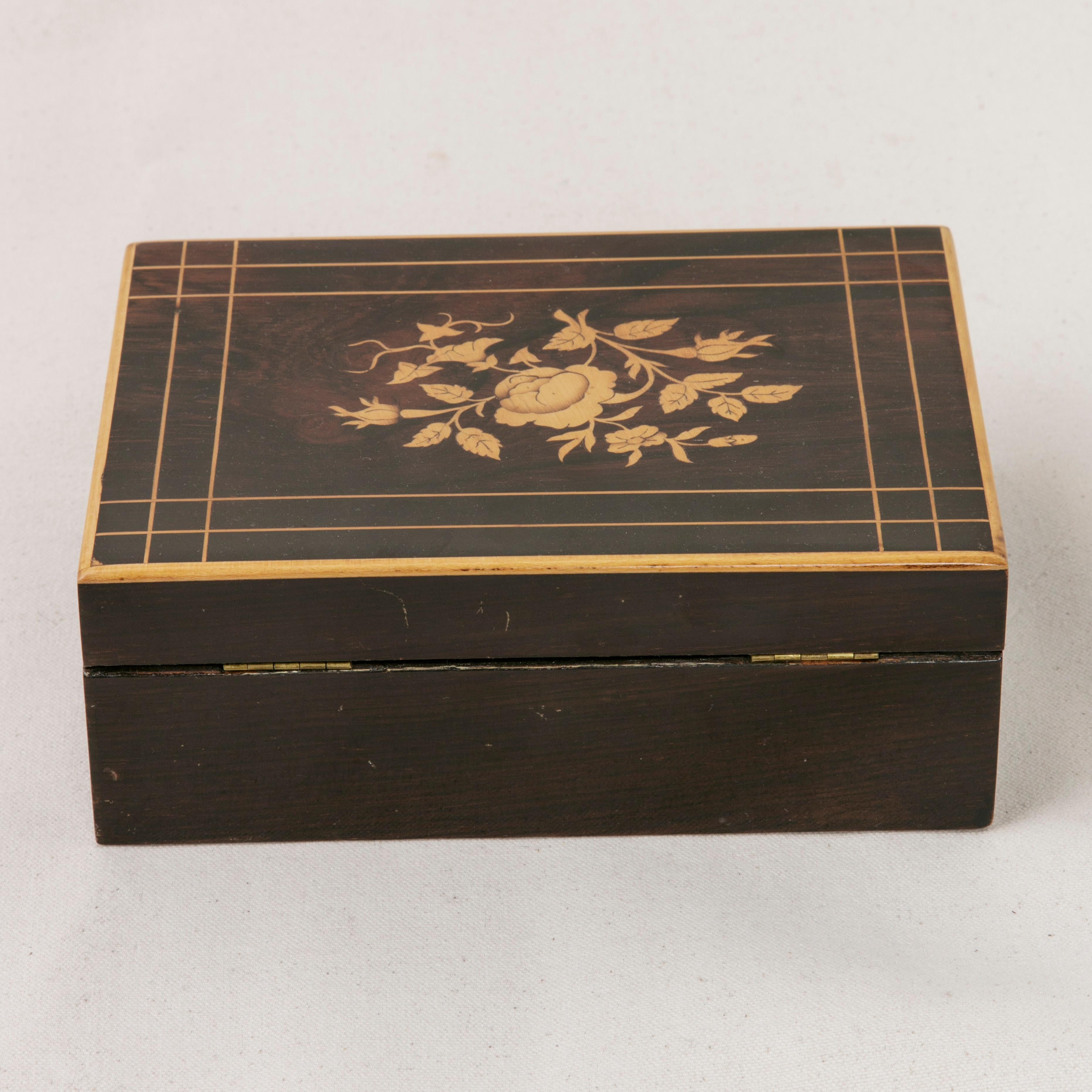 Silver Early 19th Century French Charles X Palisander Sewing Box with Lemon Wood Inlay For Sale