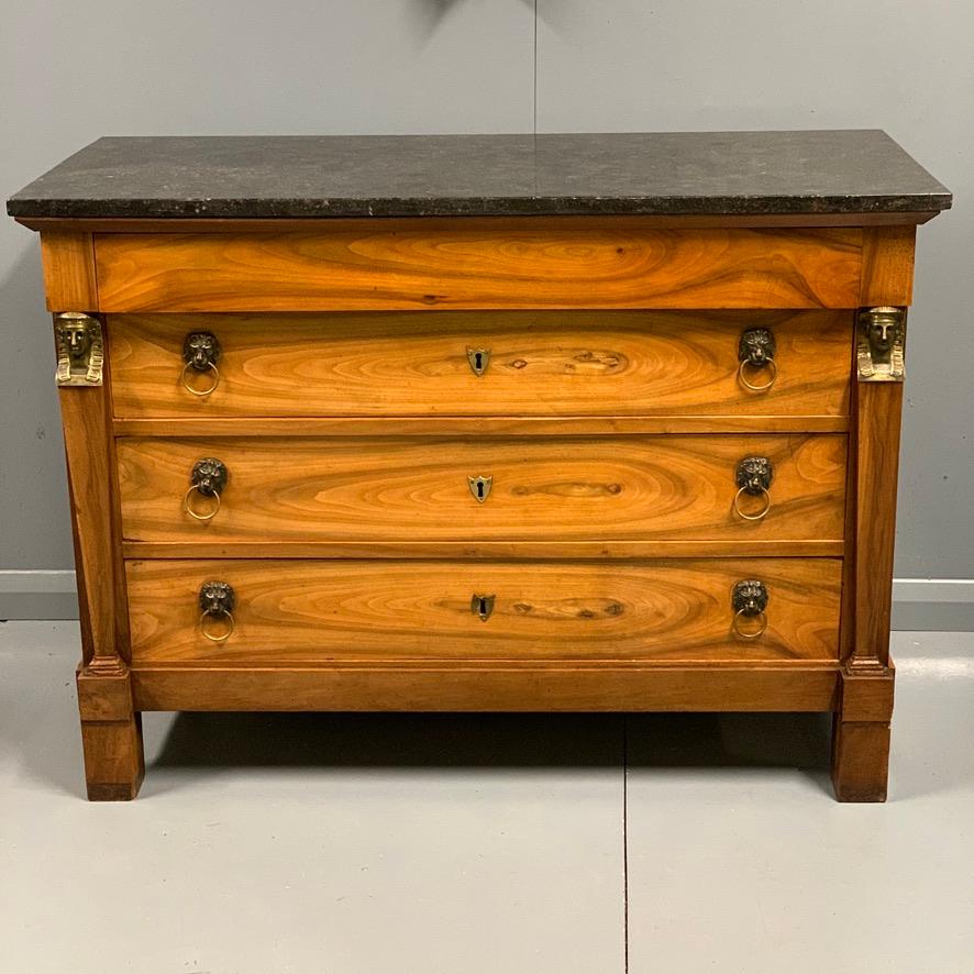 Empire Early 19th Century French Cherrywood Commode with Marble Top and Brass Mounts