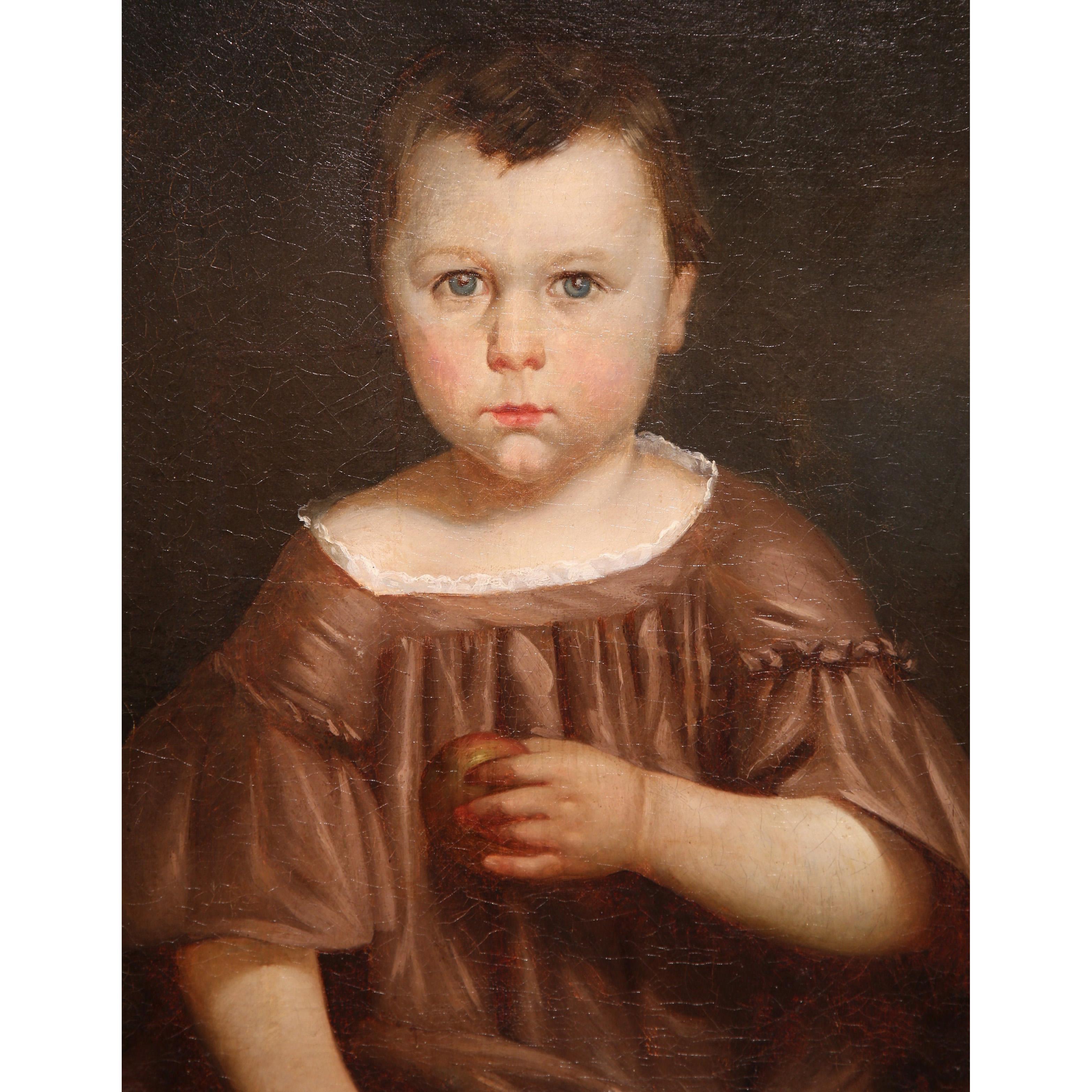 Carved Early 19th Century French Child Portrait Oil Painting in Gilt Frame For Sale