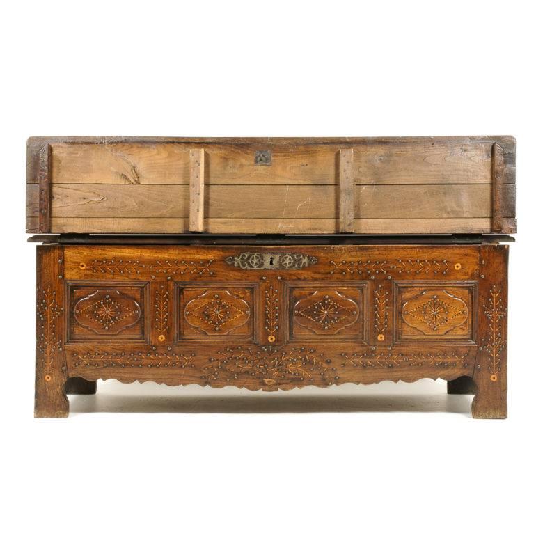 A beautifully detailed French inlaid solid oak coffer, circa 1820. Impressive brass detailing throughout, and in remarkably good condition.


  