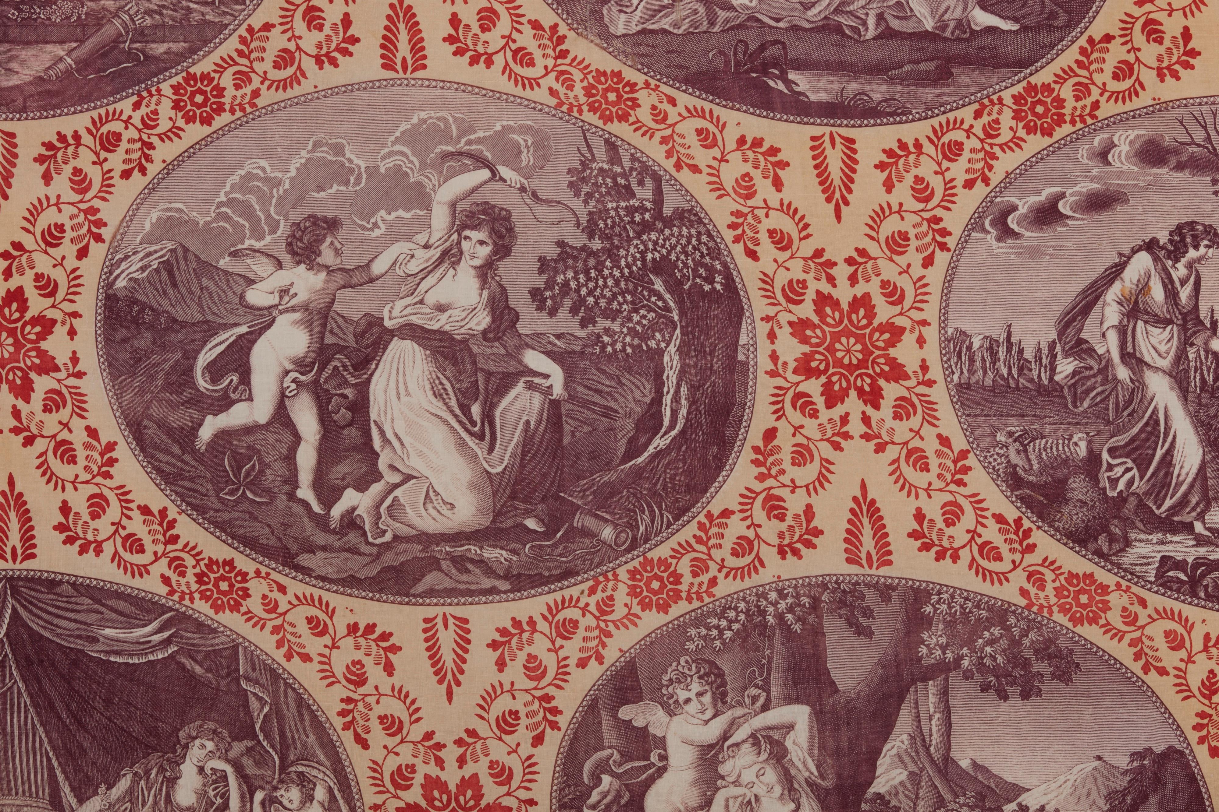 Printed toile fragment constructed in three parts; 4 offset cartouches with antique scenes depicting Cupid and Psyche (sleeping figure); likely used as a valance; small holes and slight stains; manufactured by Favre Petitpierre & Cie circa 1815;