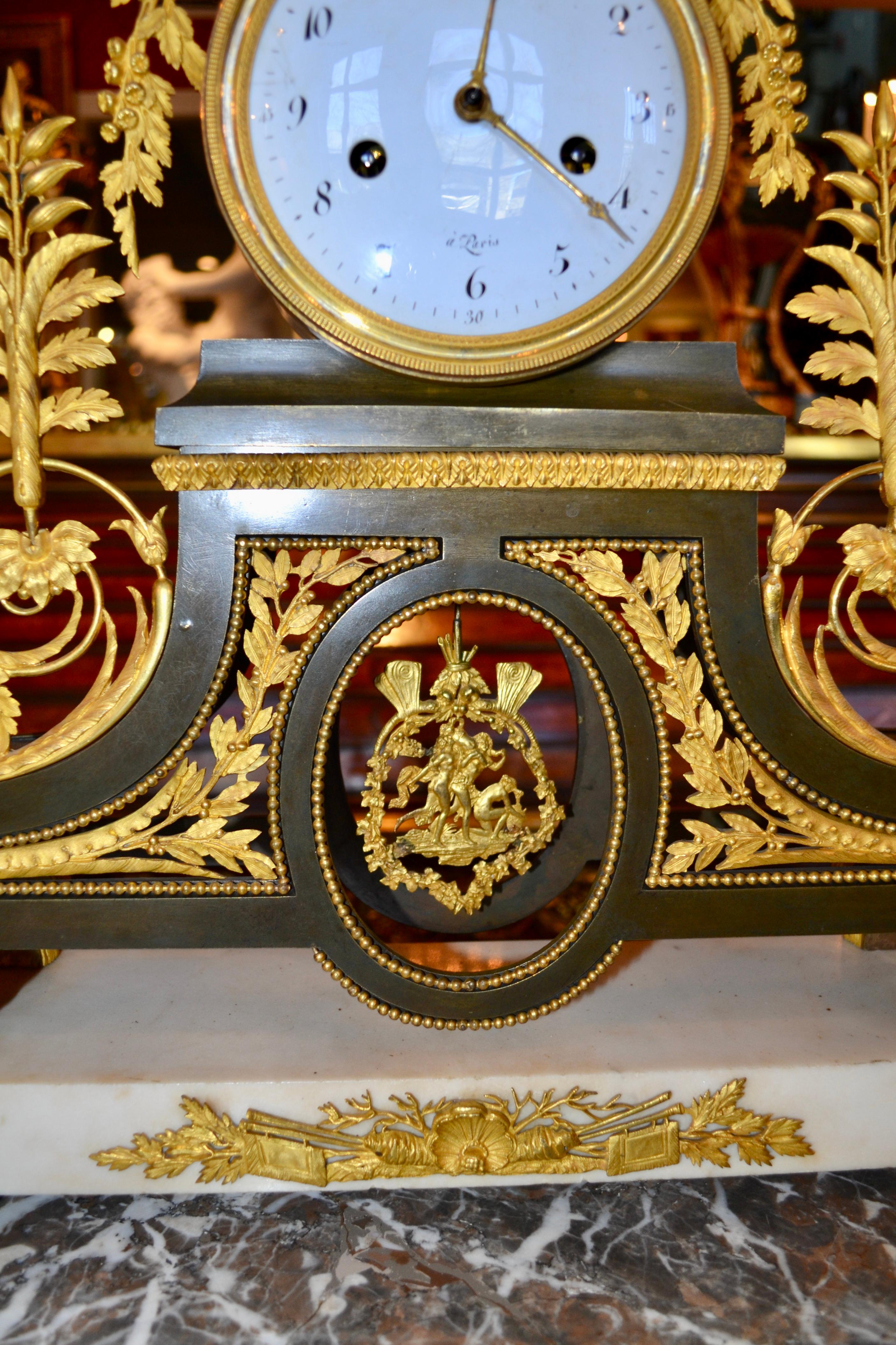 Early 19th Century French Directoire Gilt Bronze and Marble Clock by Deverberie For Sale 9