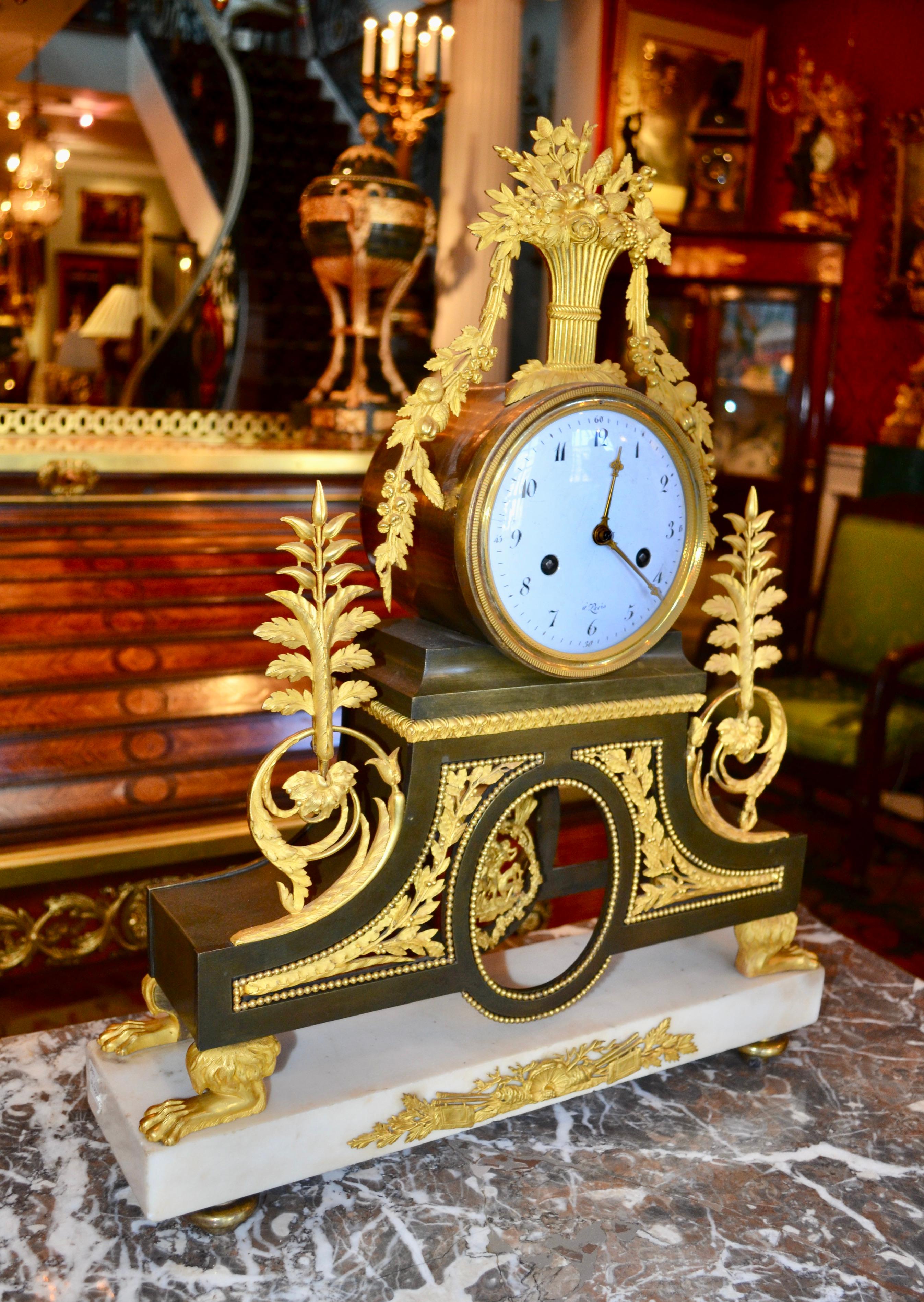 Early 19th Century French Directoire Gilt Bronze and Marble Clock by Deverberie For Sale 8