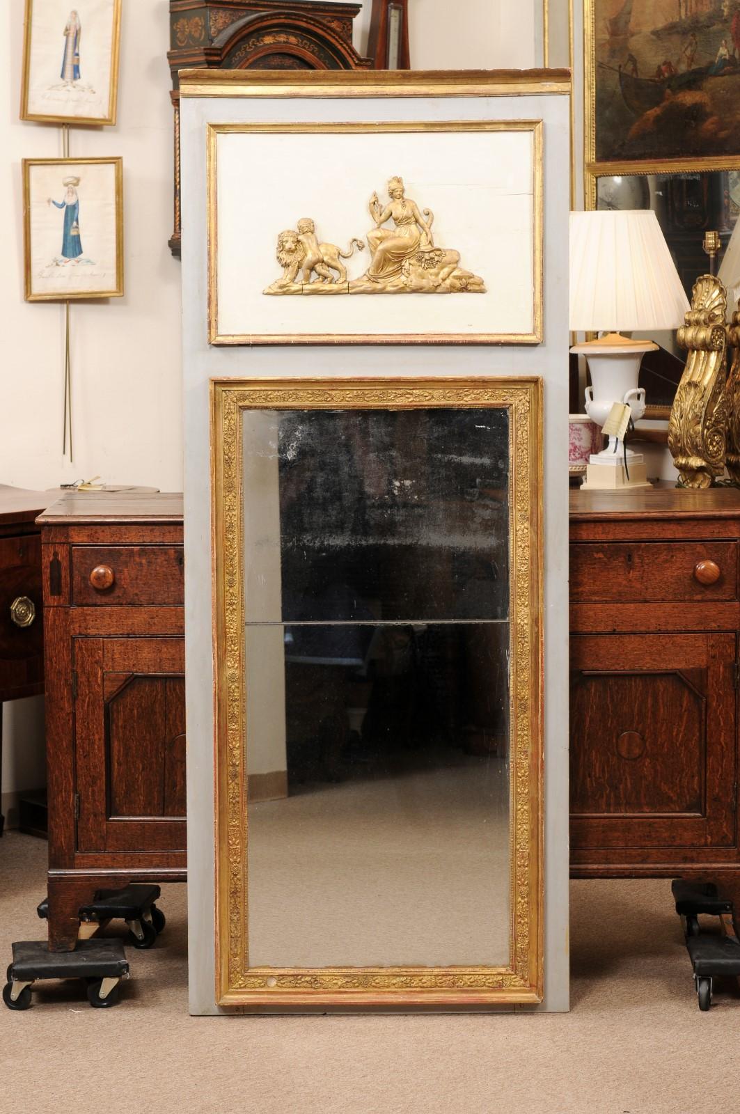 Early 19th Century French Directoire Painted & Parcel Gilt Trumeau Mirror In Fair Condition For Sale In Atlanta, GA
