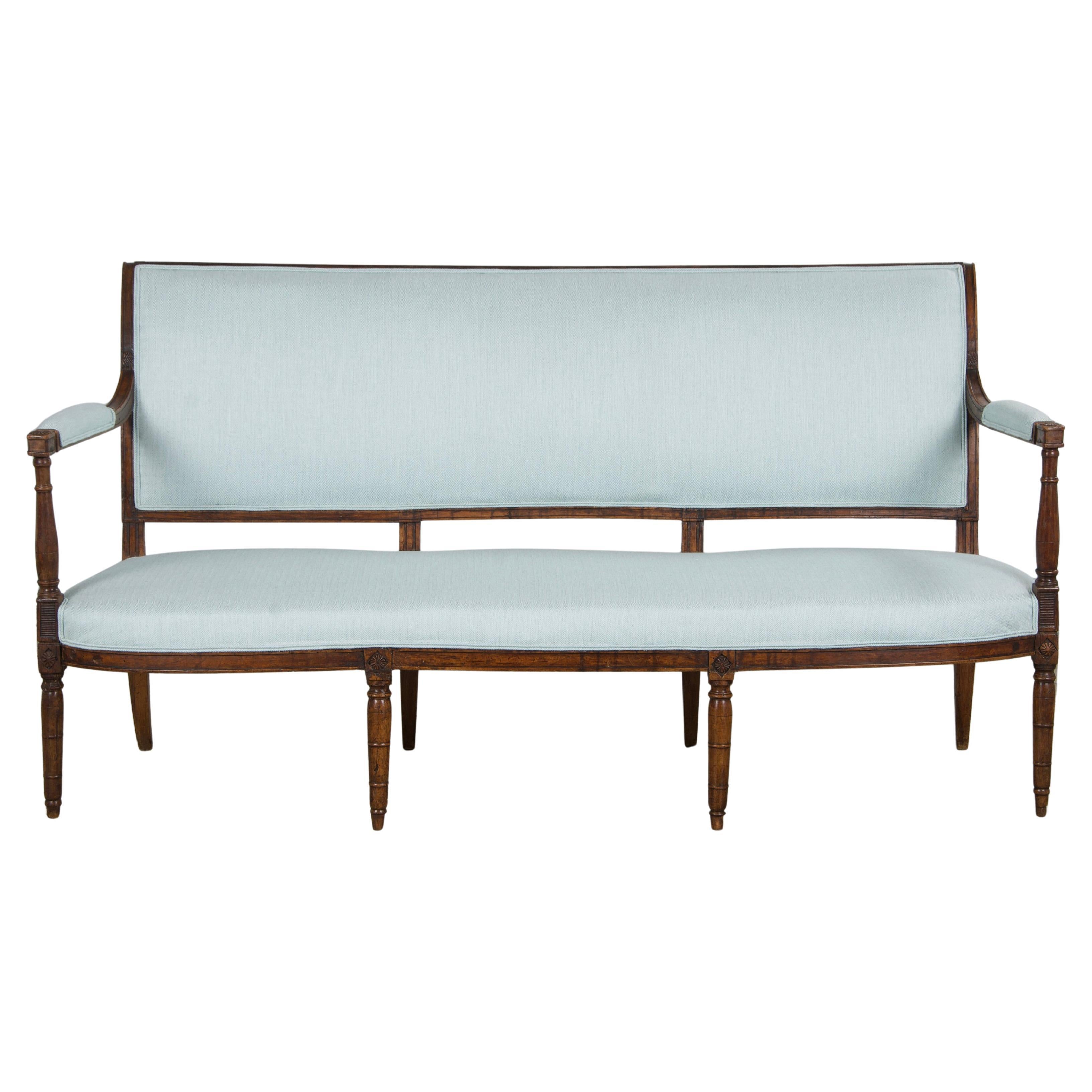 Early 19th Century French Directoire Walnut Settee in Seaglass