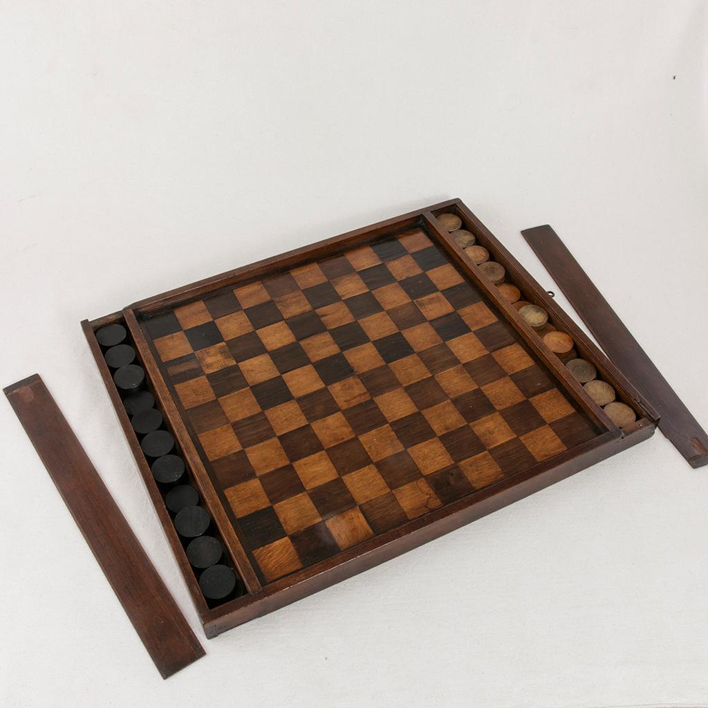 Early 19th Century French Double Sided Marquetry Game Box with Checker Pieces 2