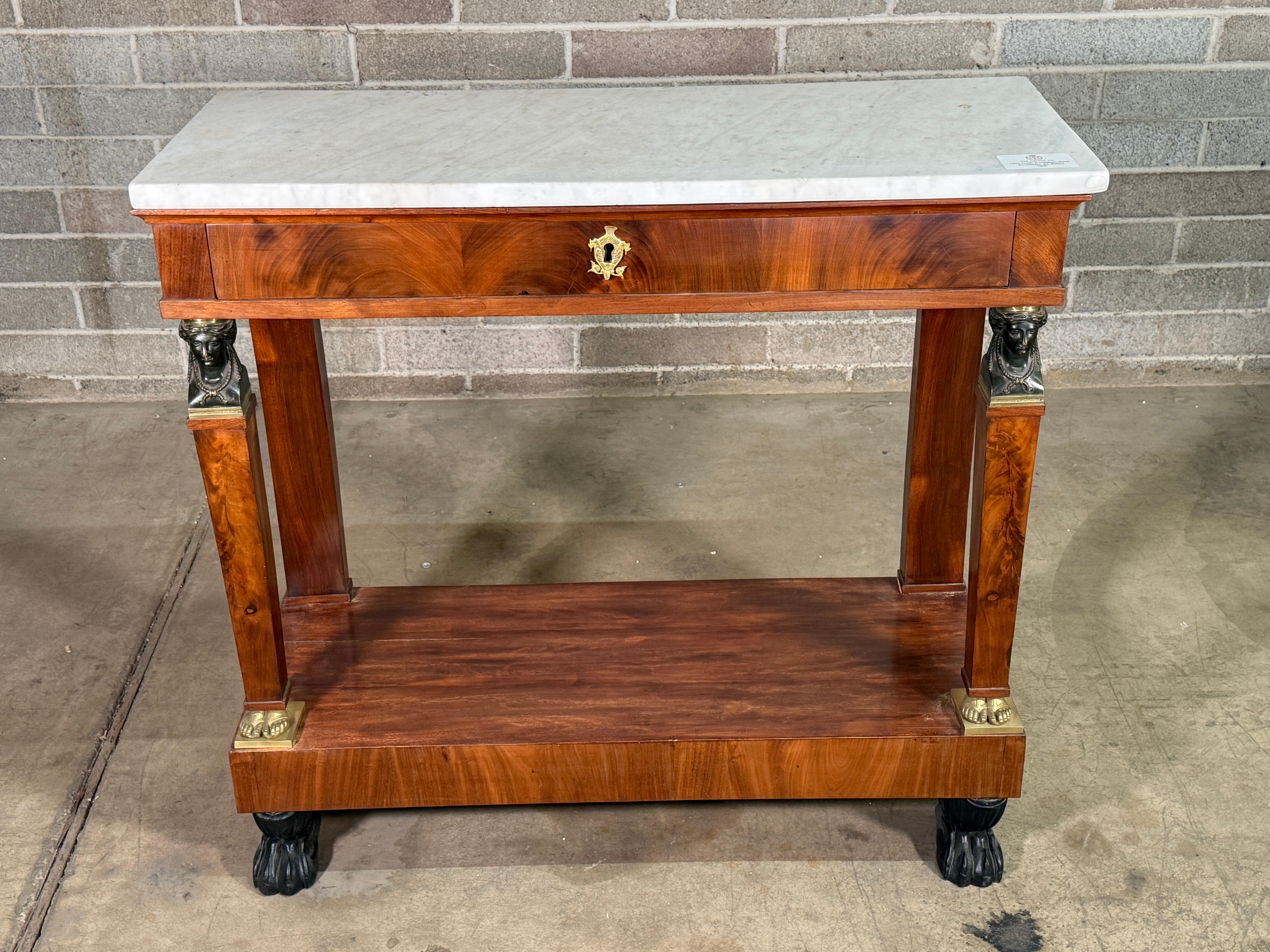 Early 19th Century French Egyptian Empire Console 
Carrera Marble Ormolu & Bronze Mounts
Gorgeous piece purchased in France. 
Age appropriate wear, see detailed photos. 
Message us with any questions. 