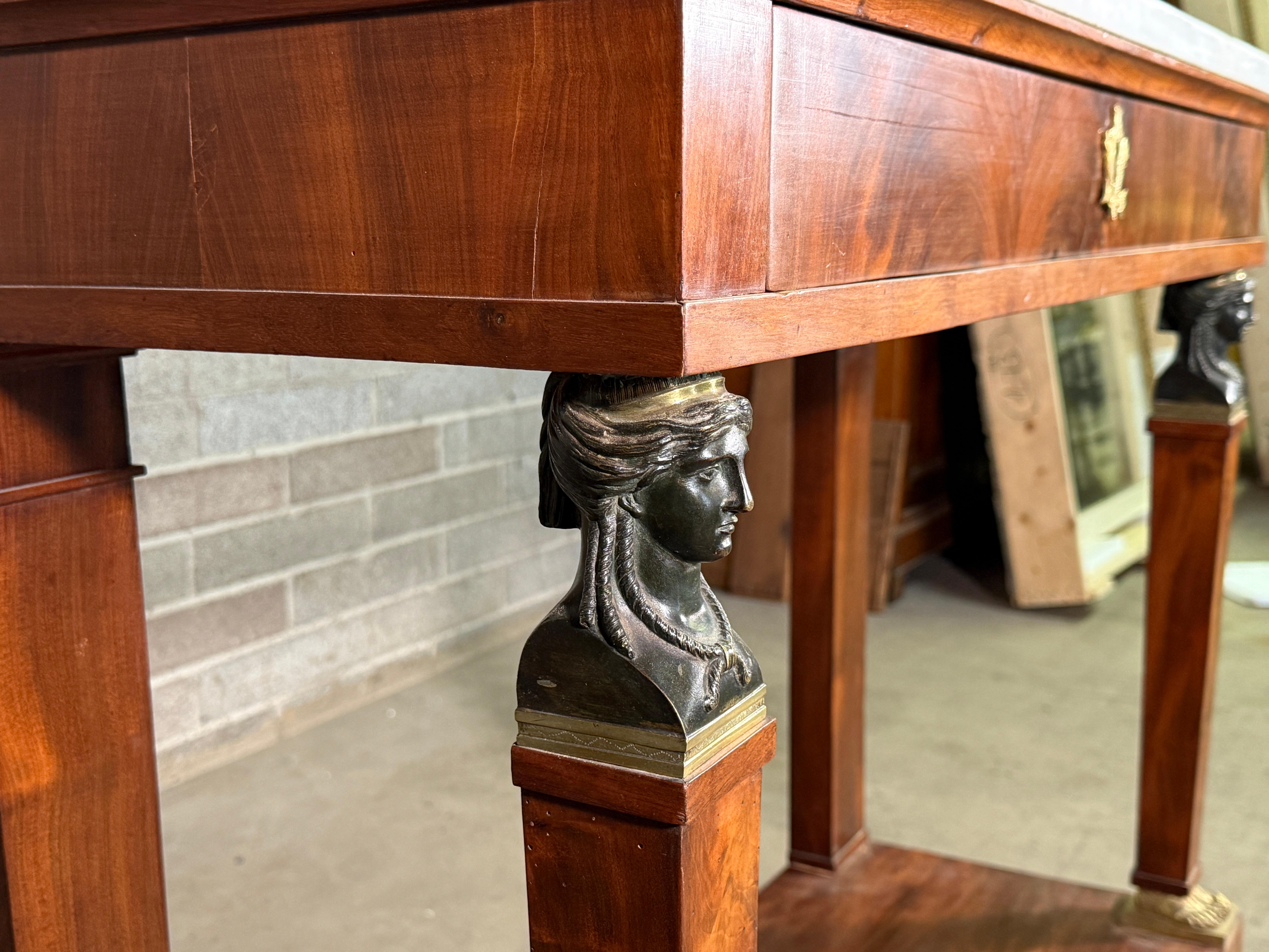 Bronze Early 19th Century French Egyptian Empire Console - Carrera Marble Ormolu Mounts For Sale