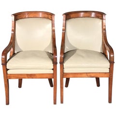 Antique Early 19th Century French Empire Barrel Back Armchairs in Walnut with Leather