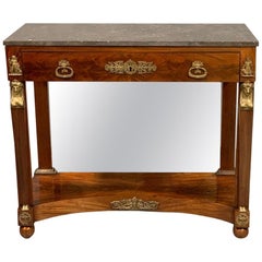 Early 19th Century French Empire Console Table with Mirror Back and Marble Top
