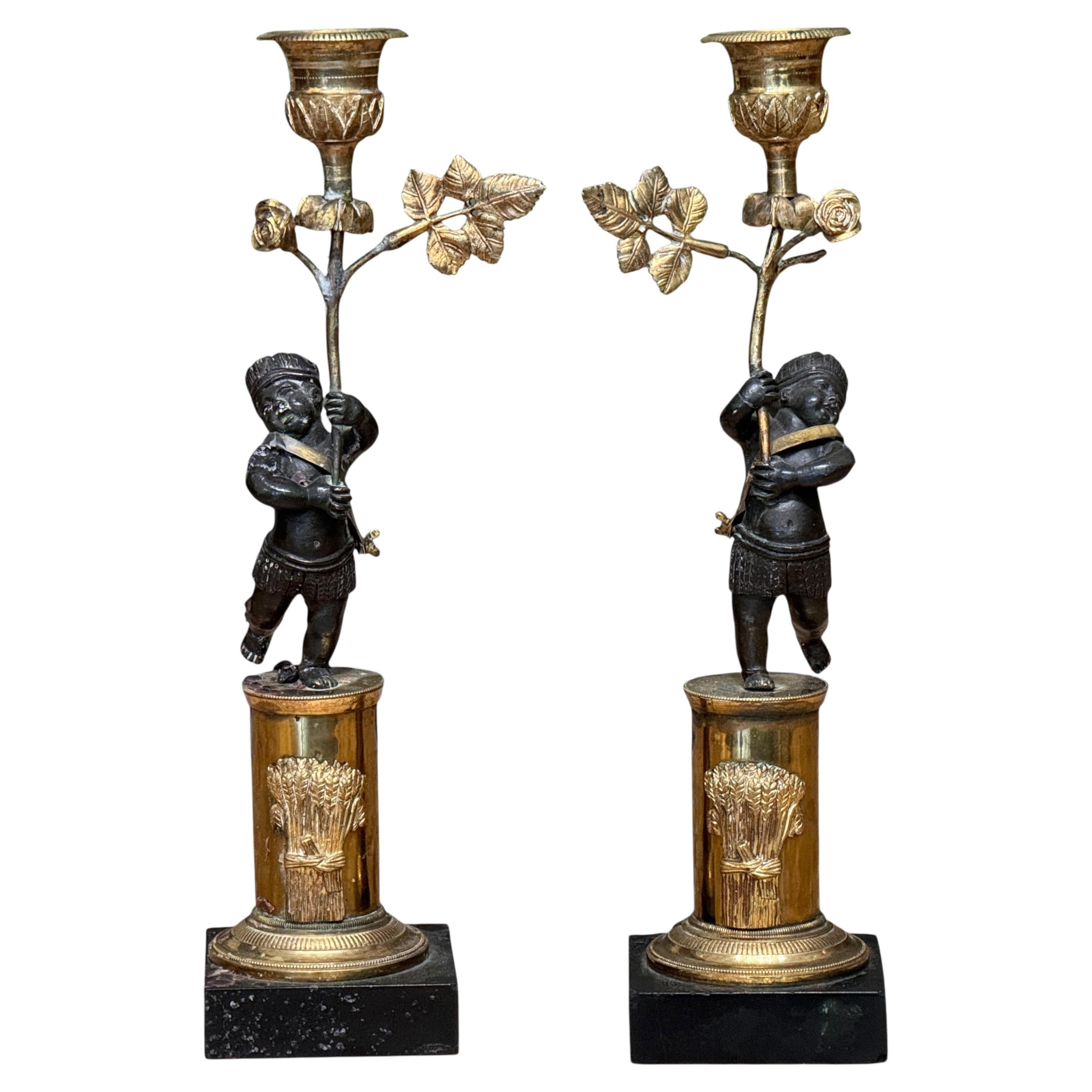 Early 19th Century French Empire Figural Bronze Candlesticks For Sale
