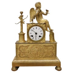 Antique Early 19th Century French Empire Fine Gilt Bronze Mantle Clock with Cupid