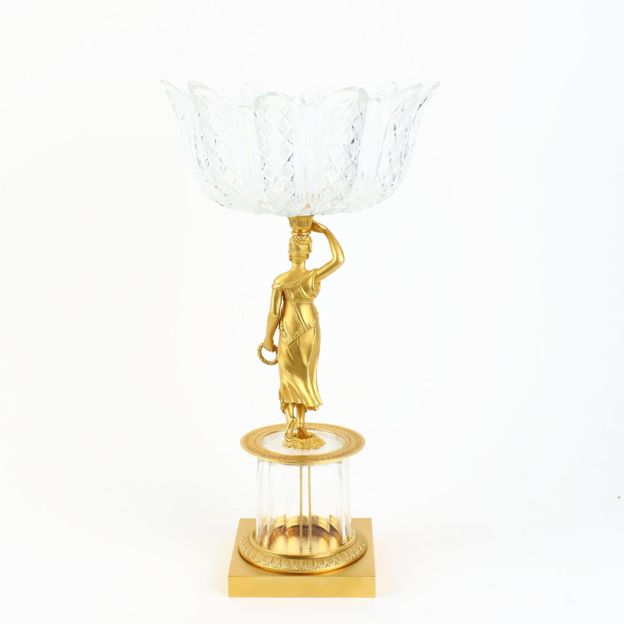 Faceted Early 19th Century French Empire Gilt Bronze and Glass Figural Tazza or Bowl