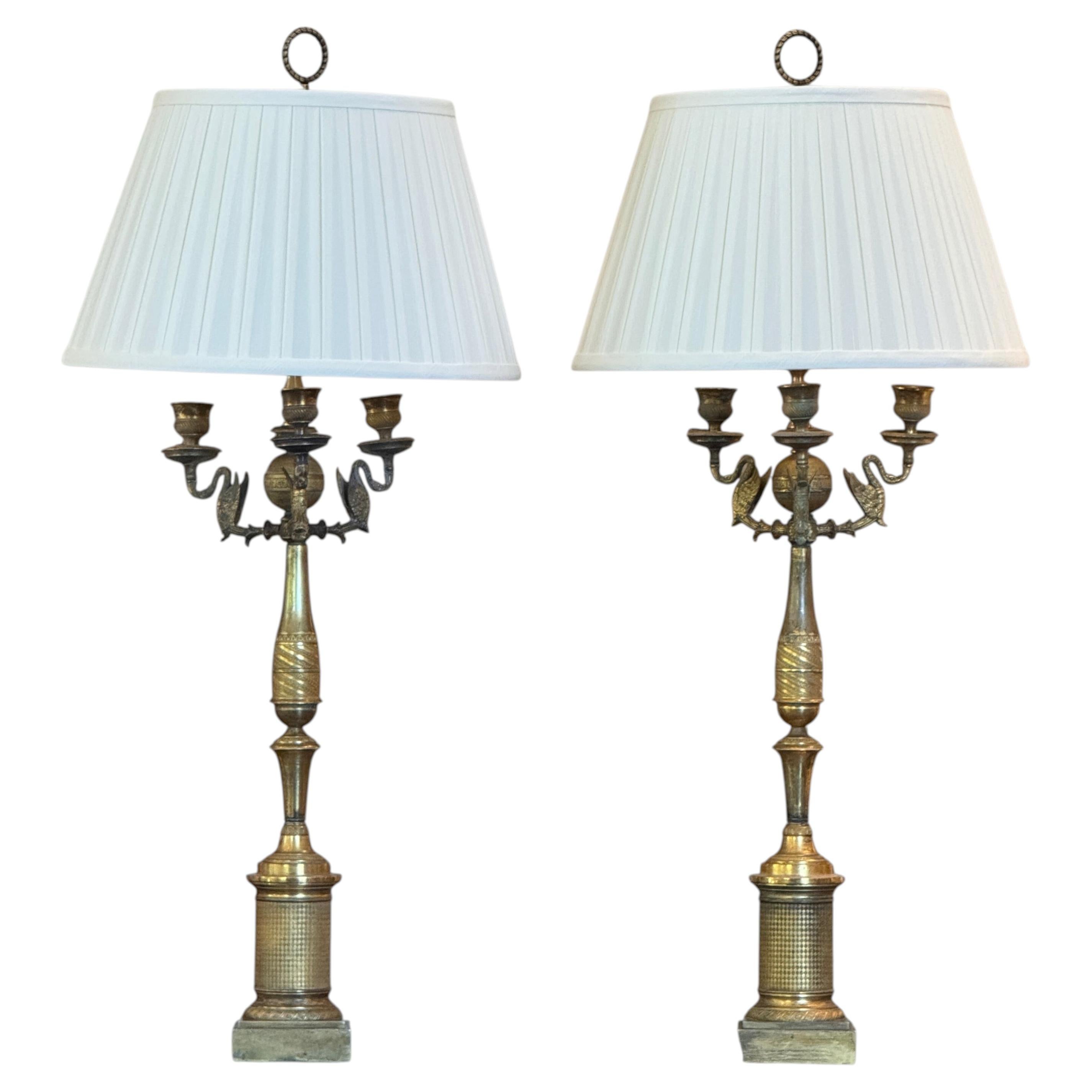 Early 19th Century French Empire Gilt Bronze Candelabra Lamps - a Pair