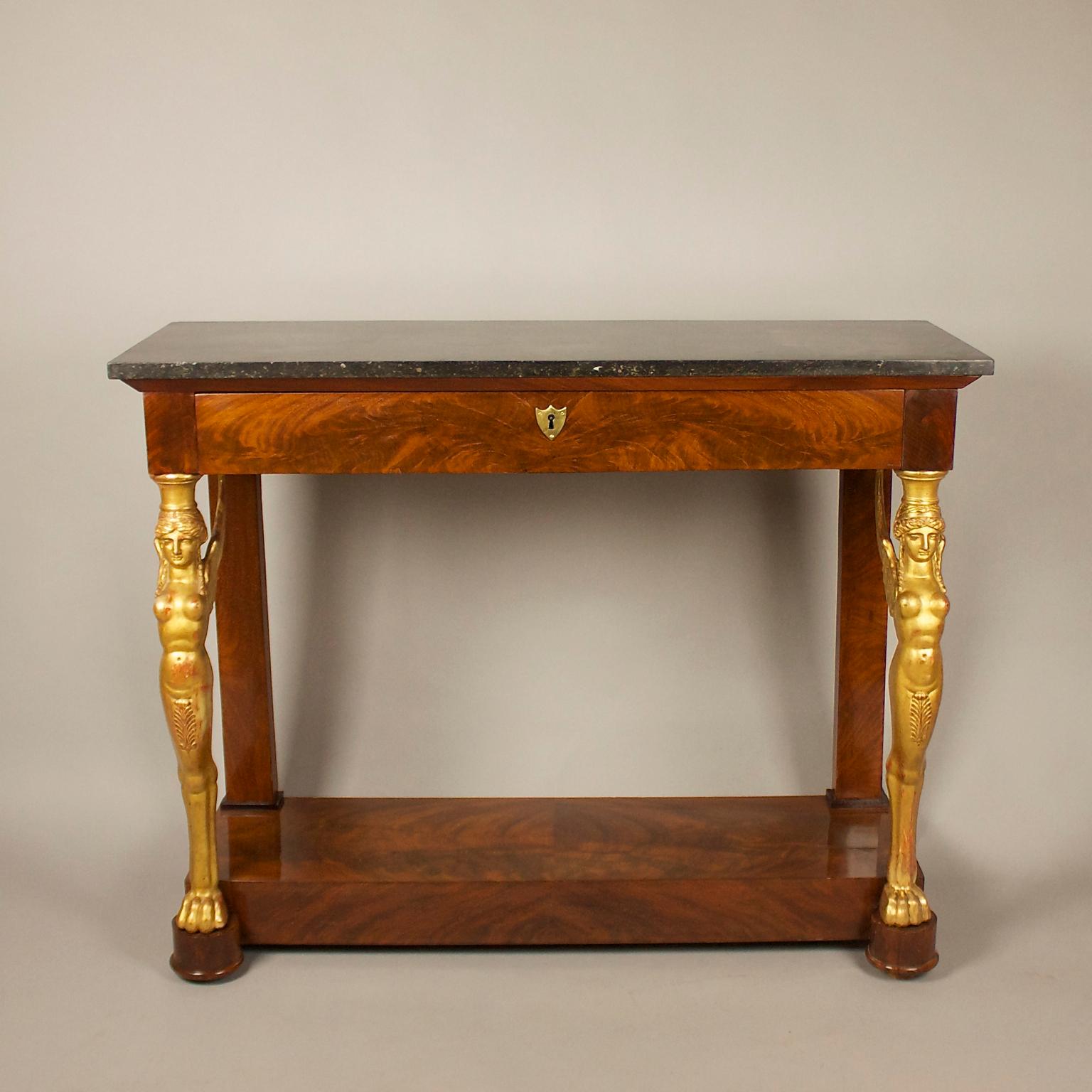 Carved Early 19th Century French Empire Mahogany and Giltwood Sphinx Console Table