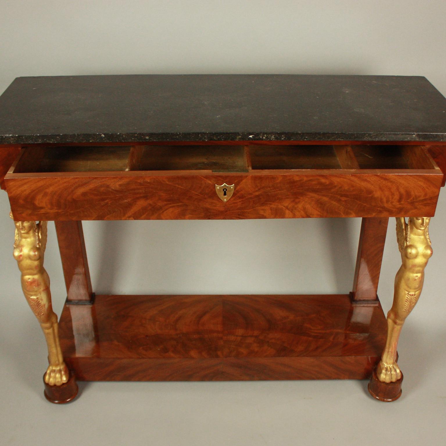 Early 19th Century French Empire Mahogany and Giltwood Sphinx Console Table 4