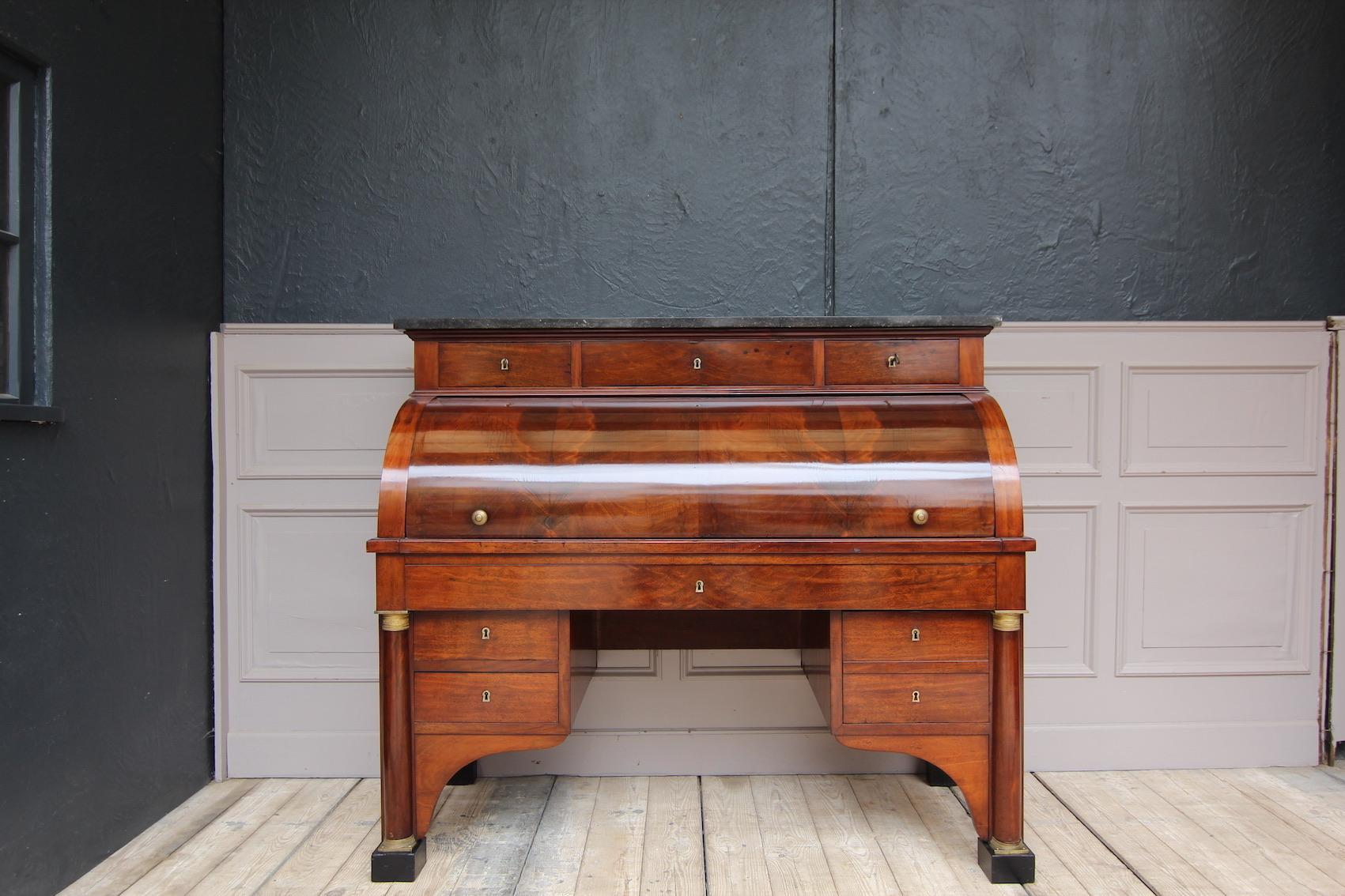 Polished Early 19th Century French Empire Mahogany Cylinder Bureau Writing Desk