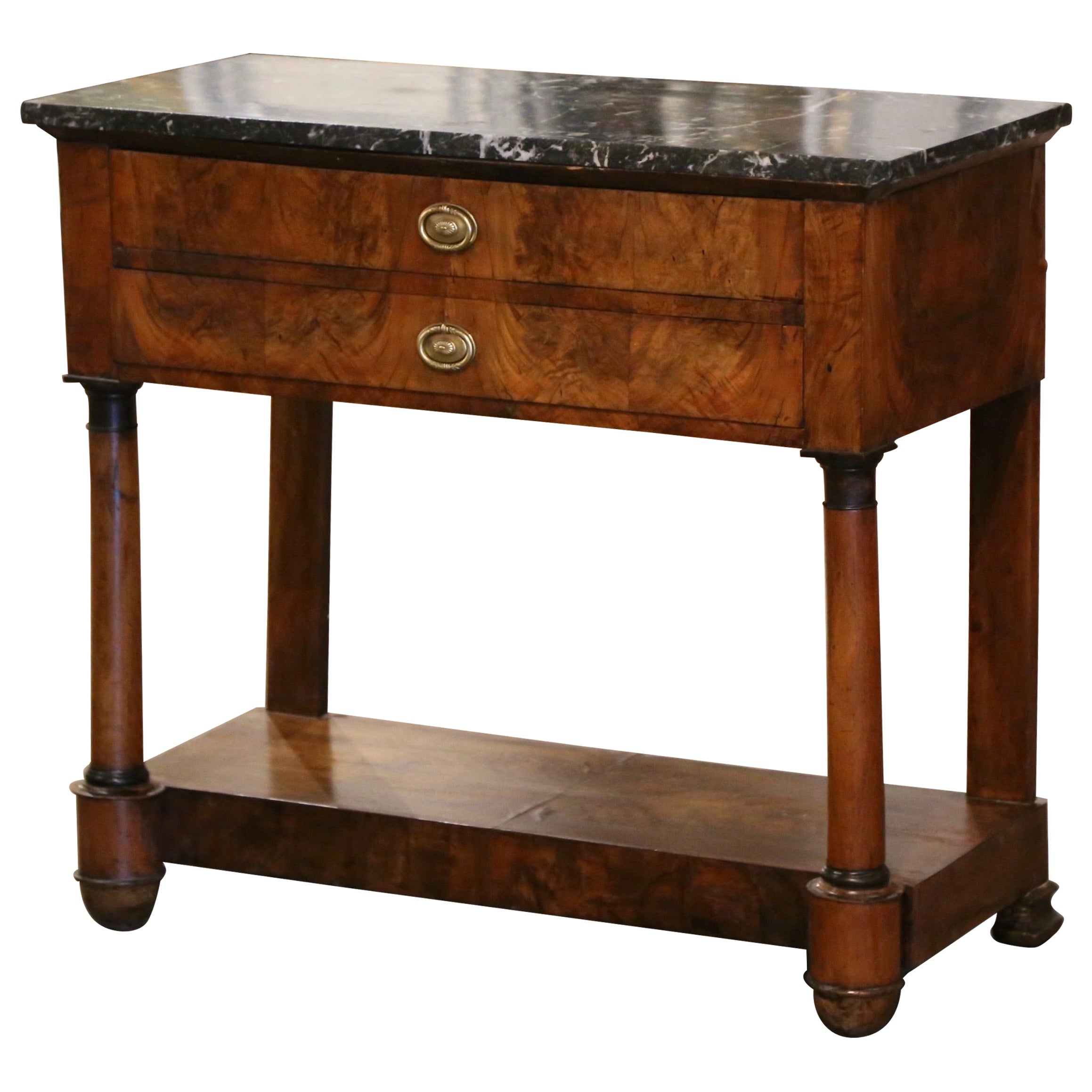 Mesa Consola de Caoba Tallada con Tapa de Mármol Imperio Francés de Principios del Siglo XIX