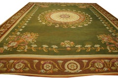 1820s Green Medallion French Empire Aubusson Carpet 17'x20'10" Knotted Wool Rug