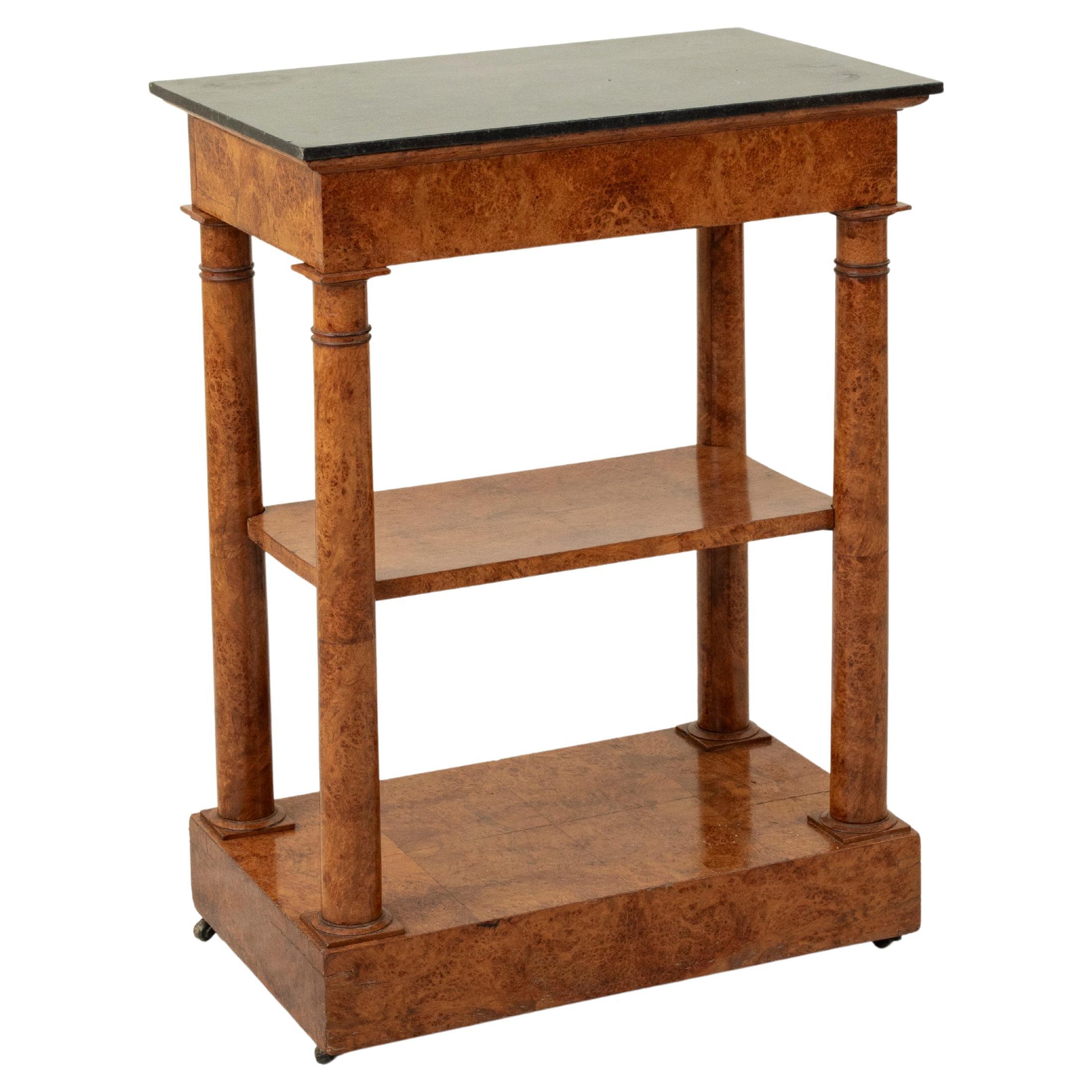 Mesa Consola de Olmo Burl de la Época Imperio Francesa de principios del siglo XIX con tapa de mármol