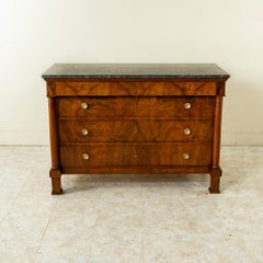 Early 19th Century French Empire Period Burl Walnut Commode or Chest, Marble Top