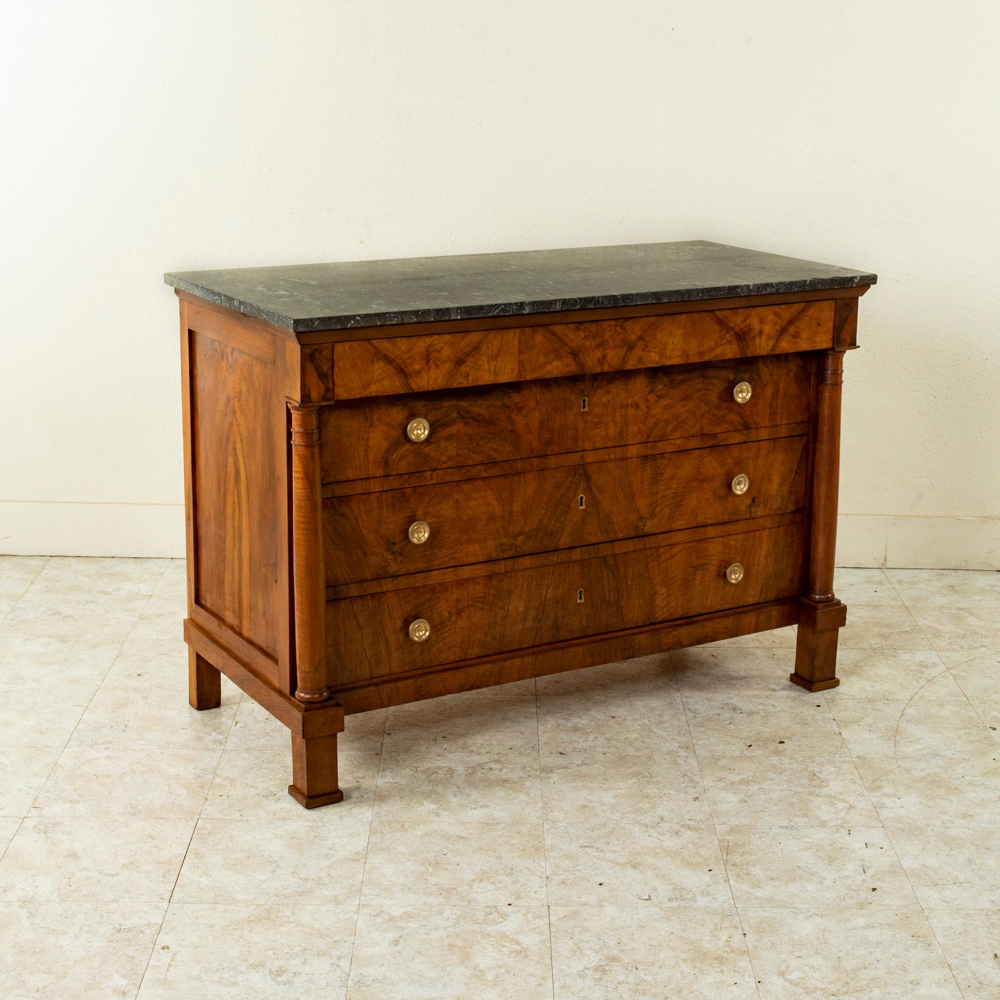 Early 19th Century French Empire Period Burl Walnut Commode or Chest, Marble Top In Good Condition In Fayetteville, AR