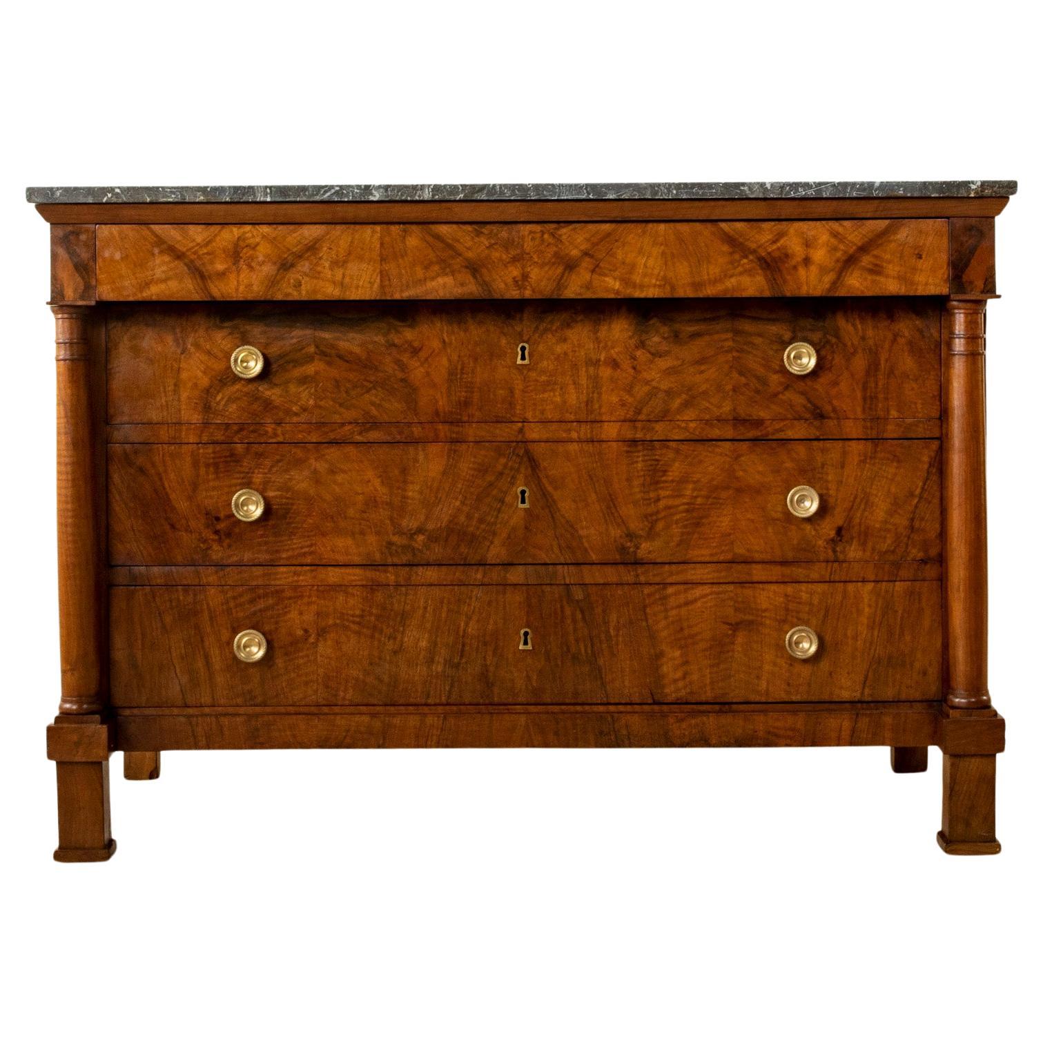 Early 19th Century French Empire Period Burl Walnut Commode or Chest, Marble Top