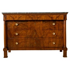 Early 19th Century French Empire Period Burl Walnut Commode or Chest, Marble Top