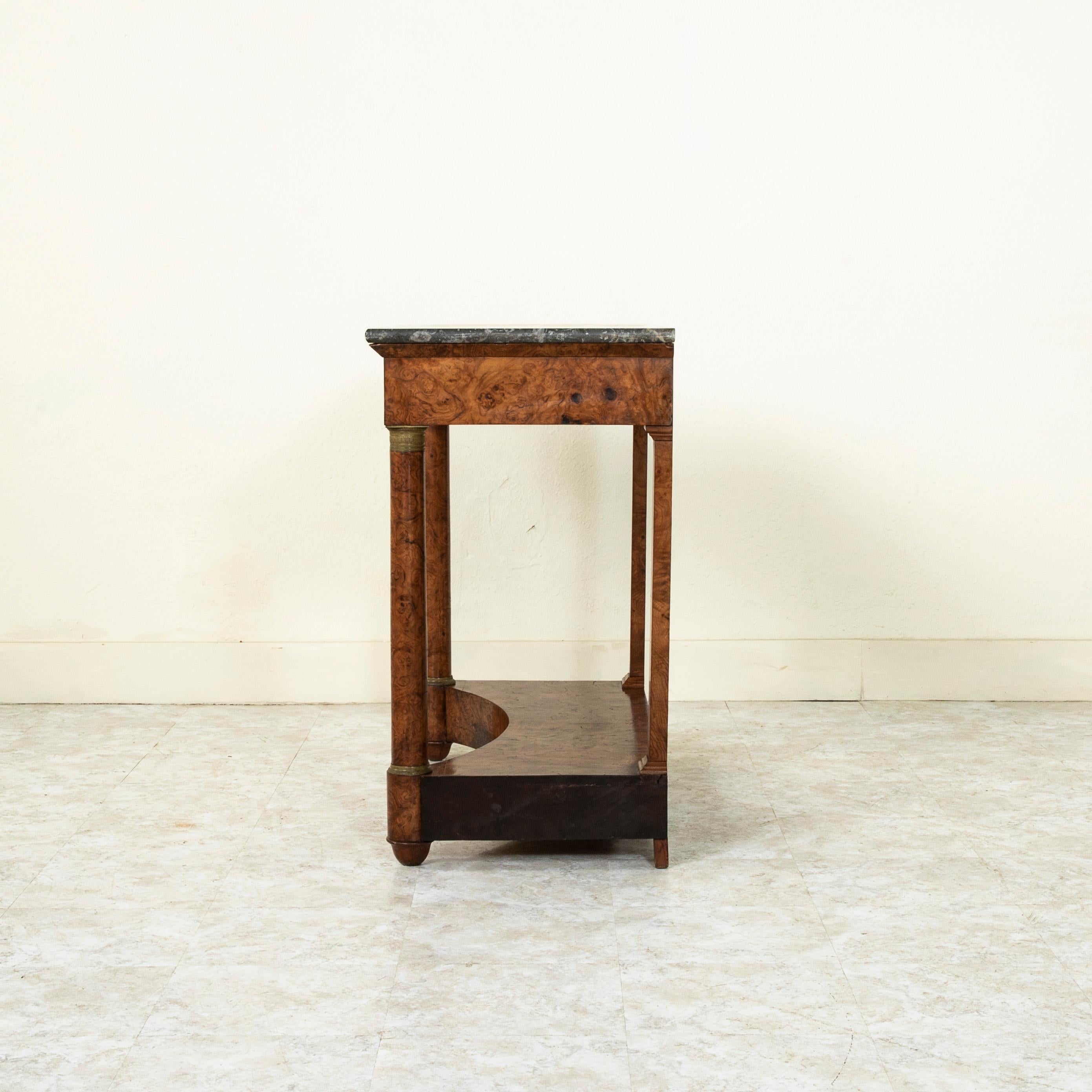 Bronze Early 19th Century French Empire Period Burl Walnut Console Table, Marble Top