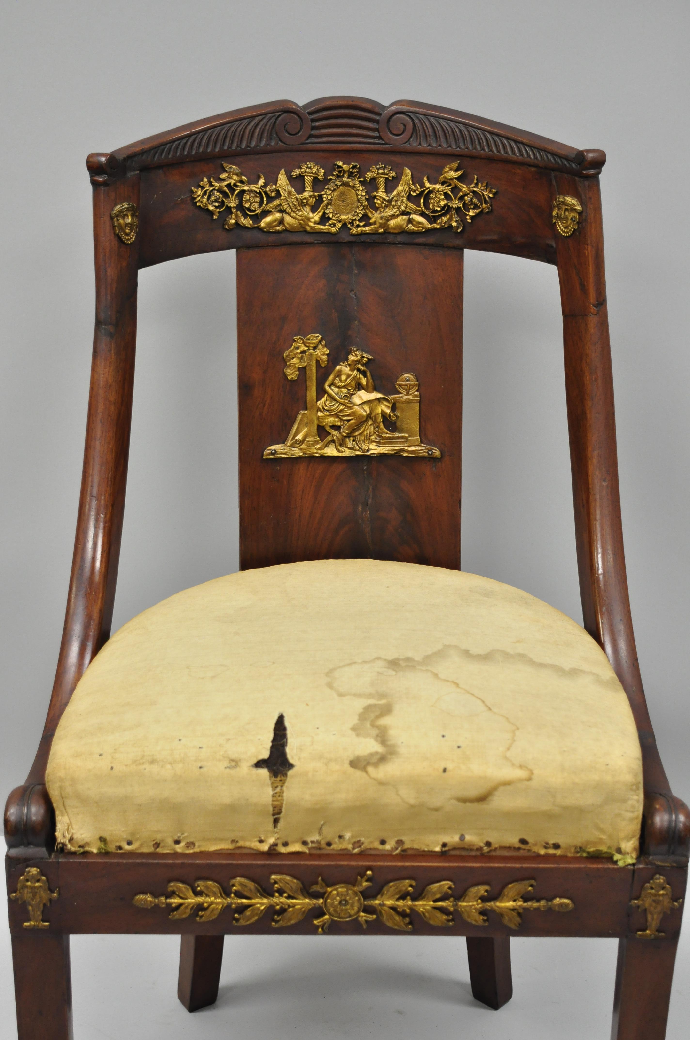 Early 19th Century French Empire Regency Mahogany Side Chair with Bronze Ormolu In Distressed Condition For Sale In Philadelphia, PA