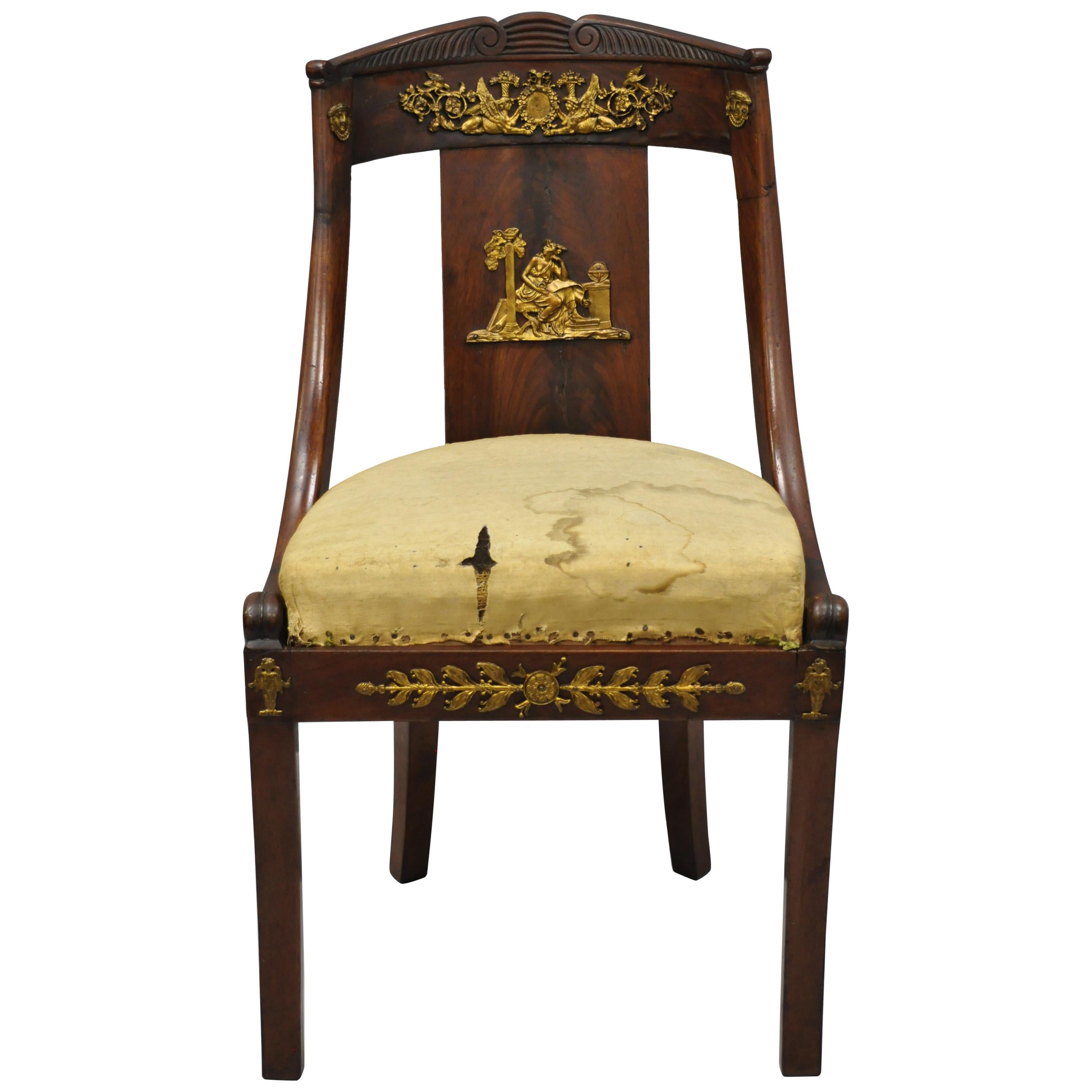 Early 19th Century French Empire Regency Mahogany Side Chair with Bronze Ormolu For Sale