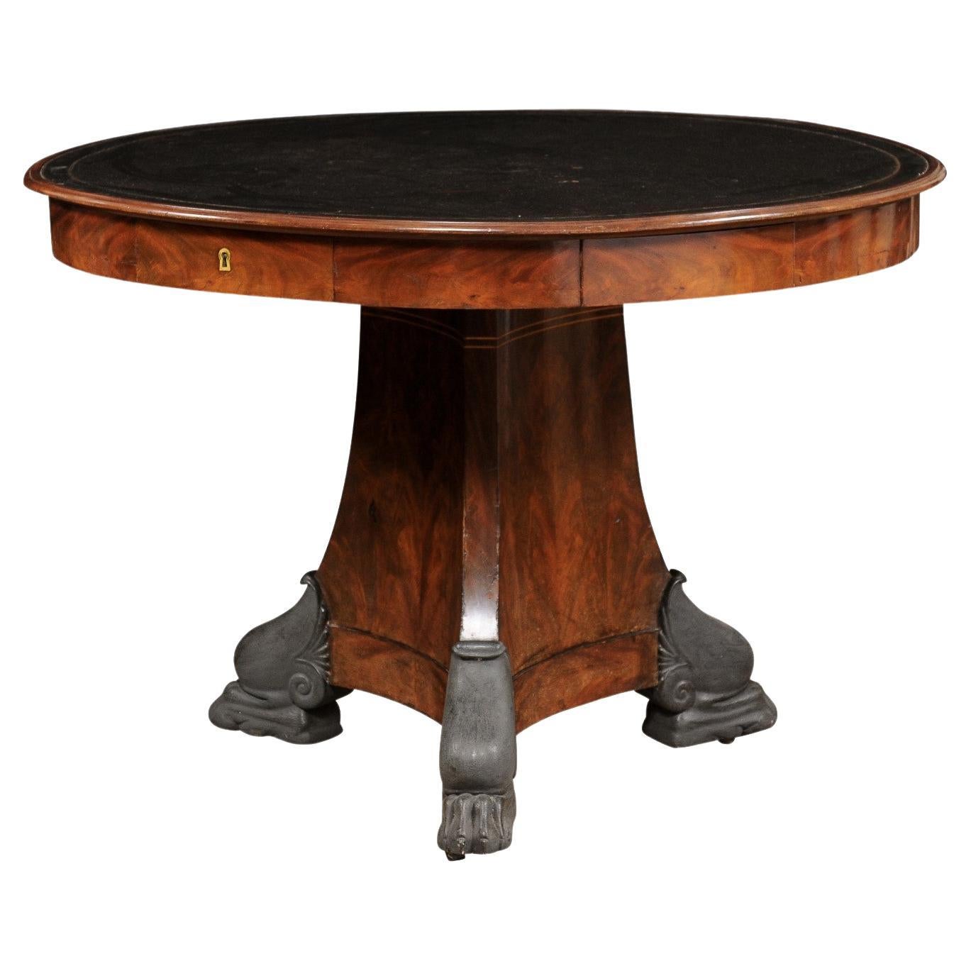 Early 19th Century French Empire Rotating Center Table with Black Leather Top  For Sale