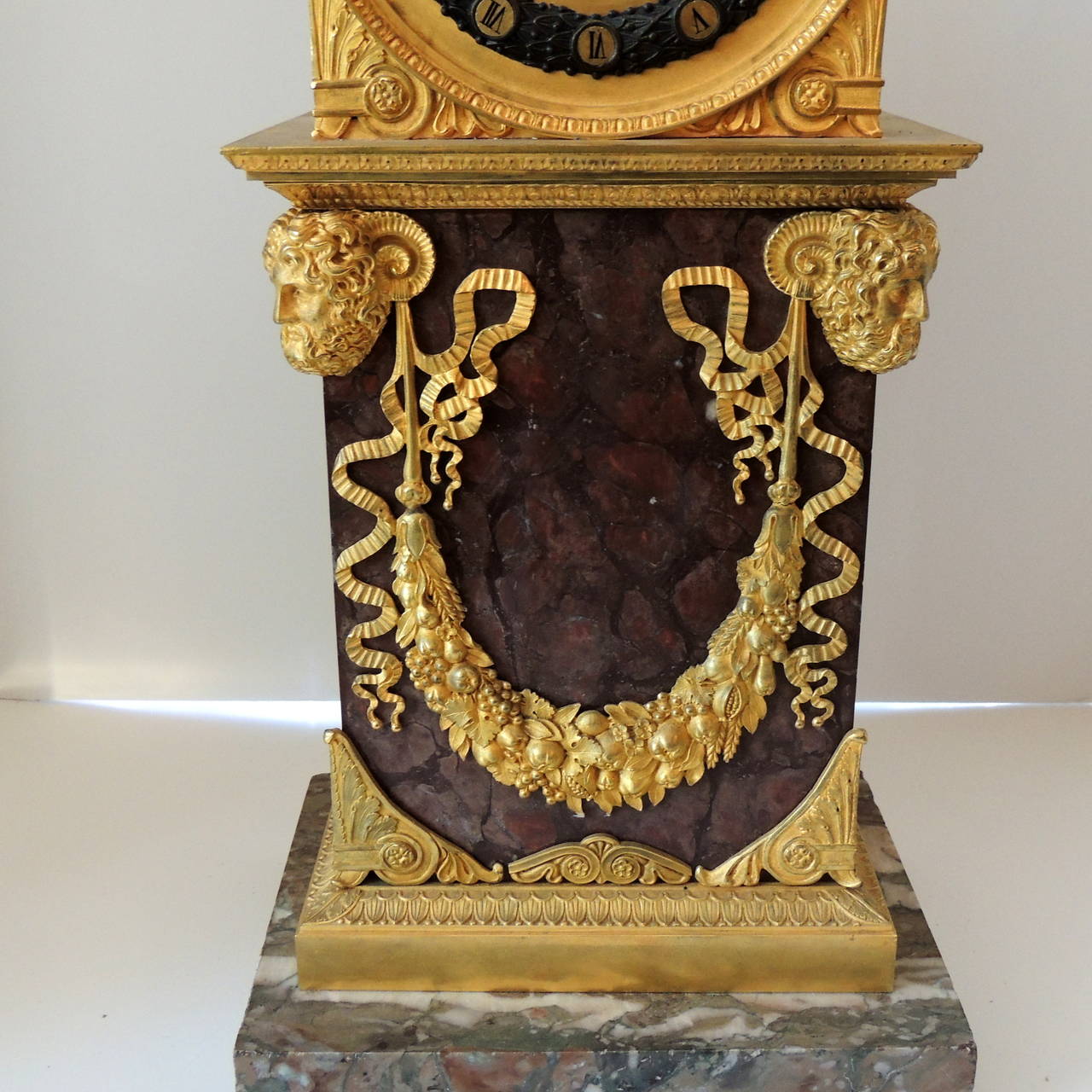 Neoclassical Early 19th Century French Empire, Rouge Marble Dore Bronze Mounted Figural Clock For Sale