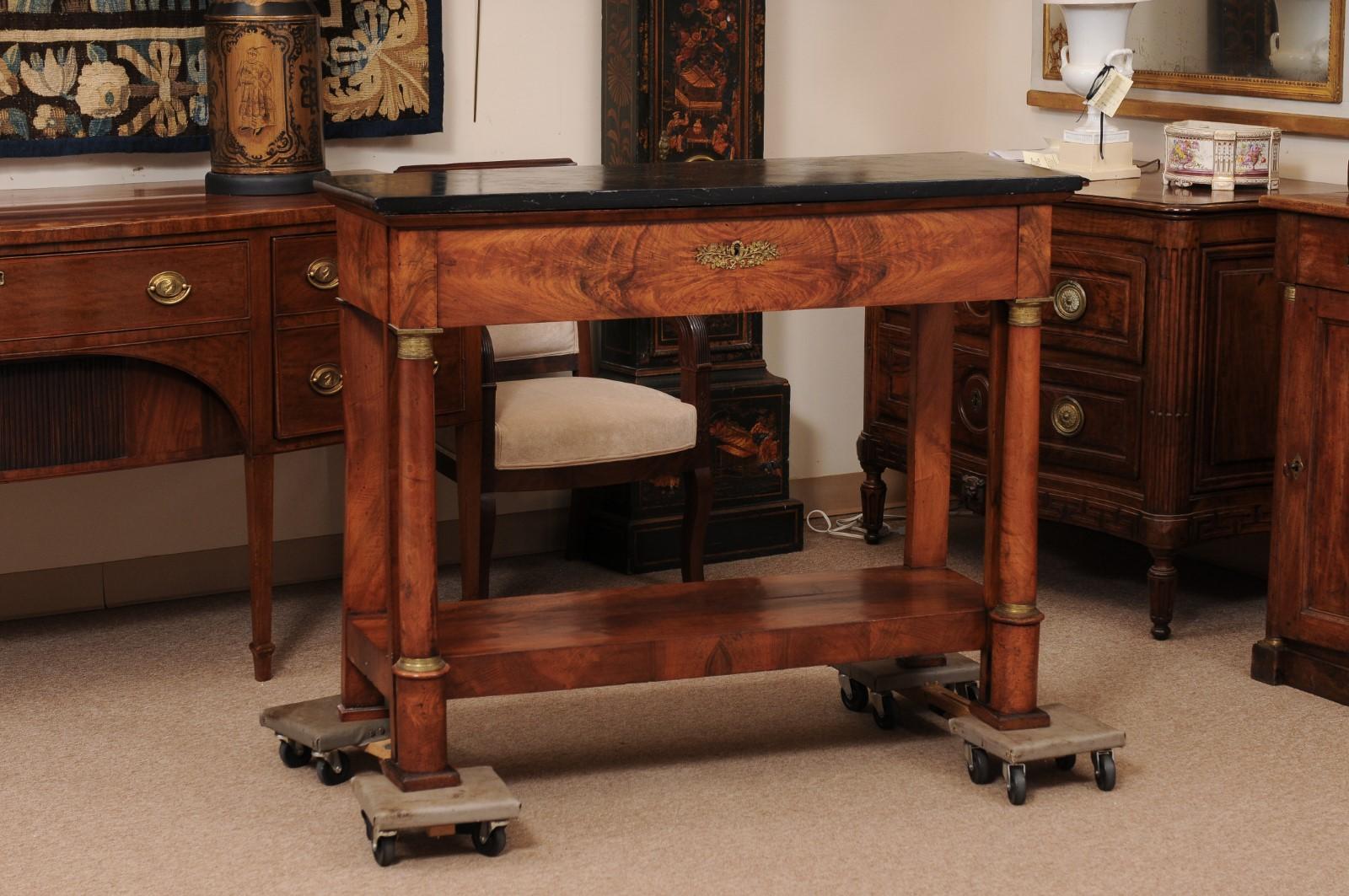 Early 19th Century French Empire Walnut Console with Ebonized Marble Top & Bronze Dore Details, ca. 1810
